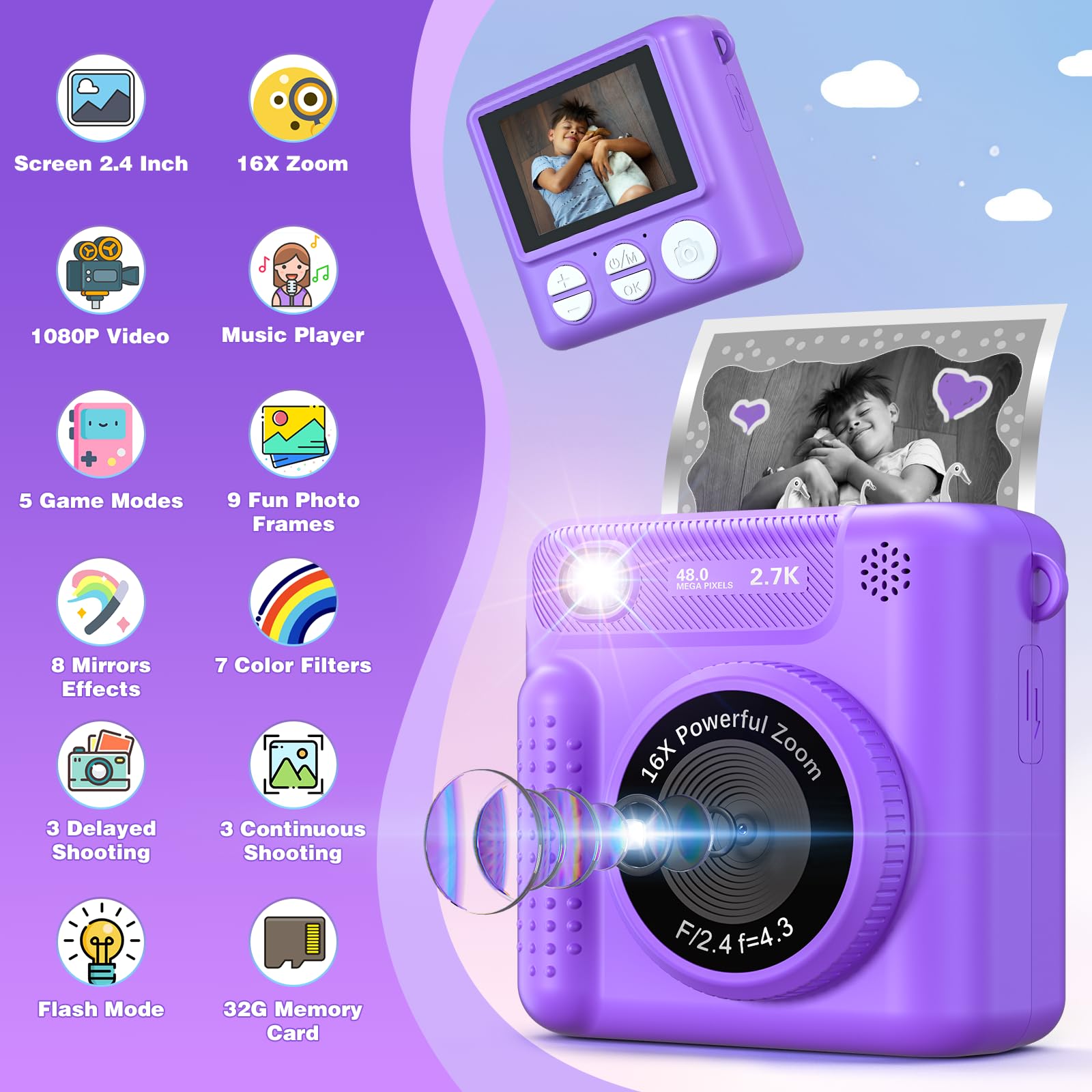 VATOS Kinderkamera Sofortbildkamera 2.4" 1080P 32GB Wiederaufladbare Digitalkamera mit Musik-Player