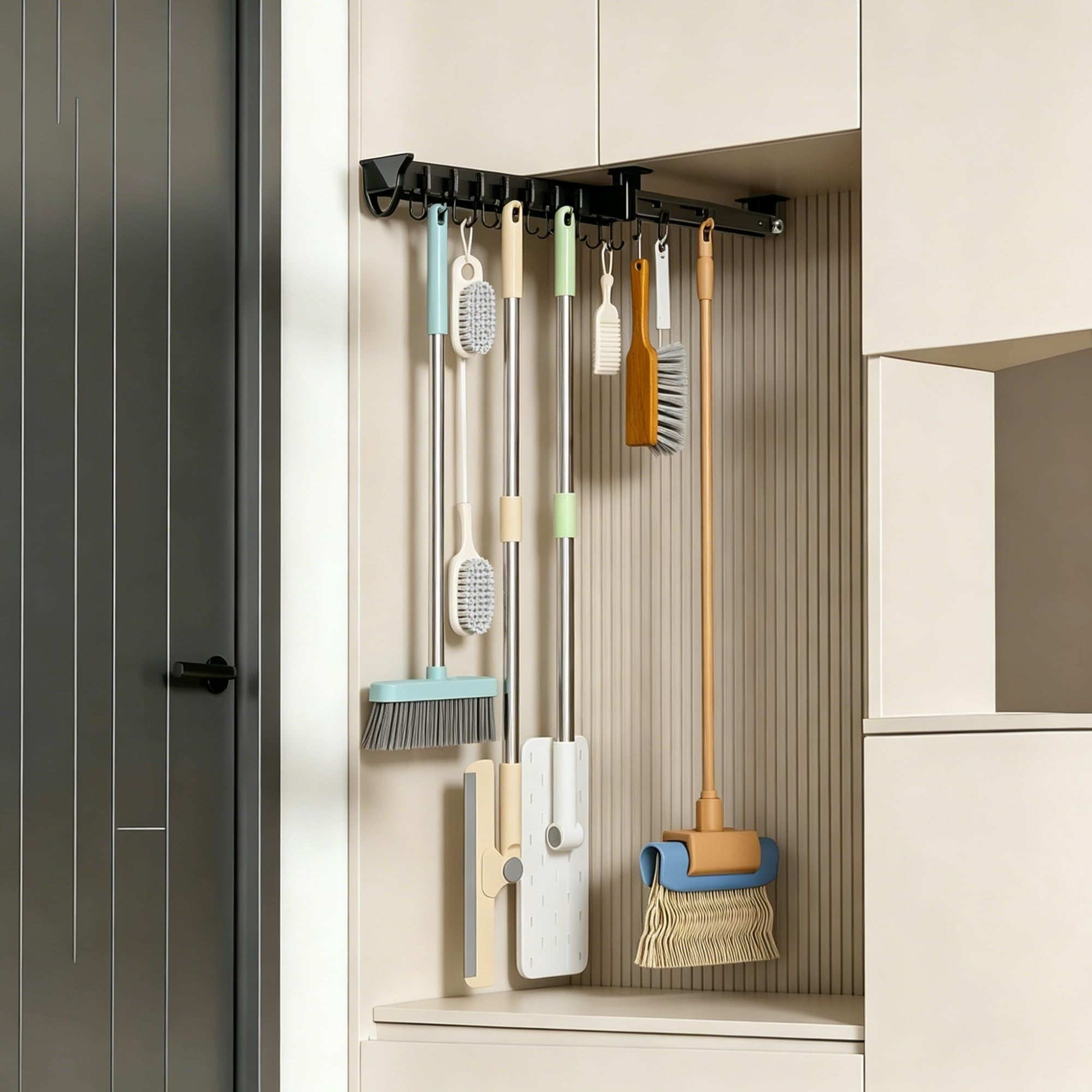 Ausziehbarer Besen Mopp Wandhalterung Schrank Organizer Aluminium Abnehmbare Haken Platzsparend für Waschküche Küche Garage 34 kg Robustes Ordnungssystem(560mm/22inch)