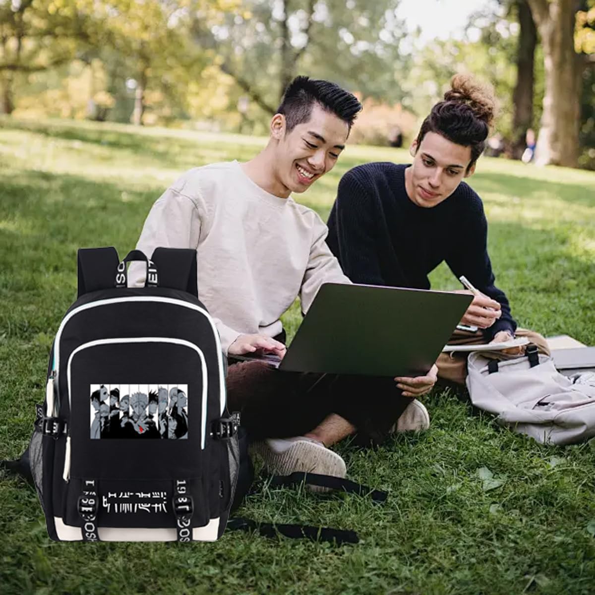 Roffatide Anime Laptop Backpack College Schoolbag Printed Rucksack with USB Charging Port & Headphone Port Black