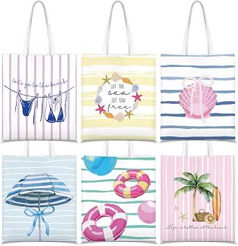 Paterr 6 Pcs Beach Tote Bags Bulk Coastal Aesthetic Canvas Bag Gifts Summer Ocean Seashell Portable Travel Souvenir for Women
