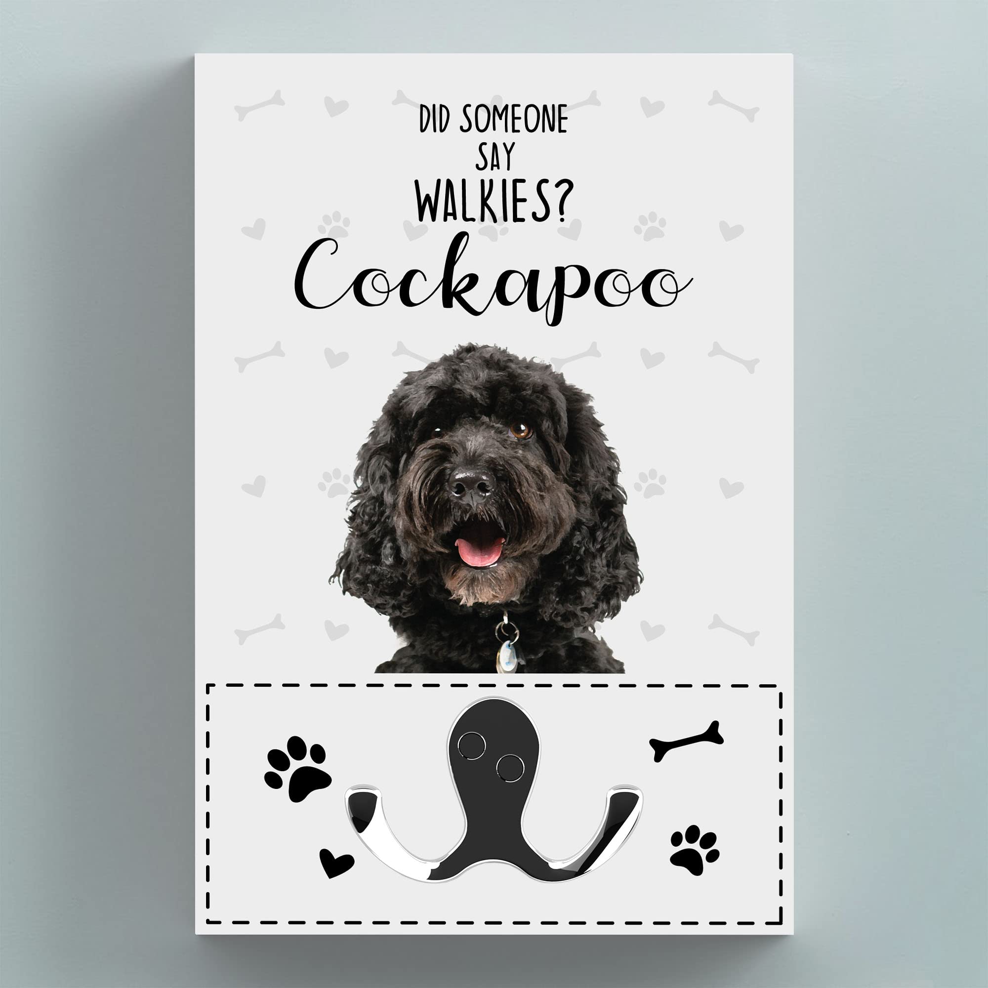Global Designs White Grain With Uv Print Walkies Cockapoo Themed Wall Hung Lead Hook Dog Breed Lead Holder Wall Hook