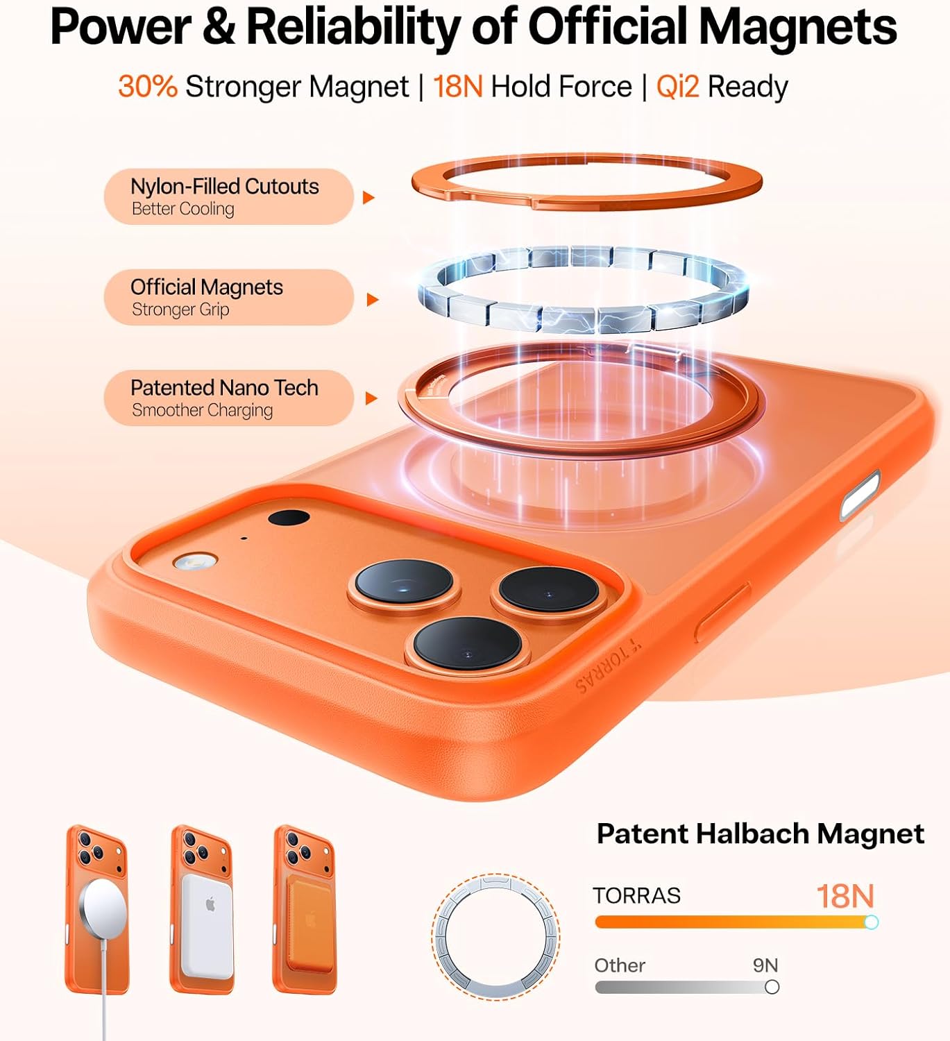 TORRAS Upgraded 360 Magnetic Stand for iPhone 17 Pro Max Case with Camera Control, Fit for MagSafe with Ring, Mil-Grade Protection, Translucent Slim for iPhone 17 ProMax Case Ostand, Neon Orange