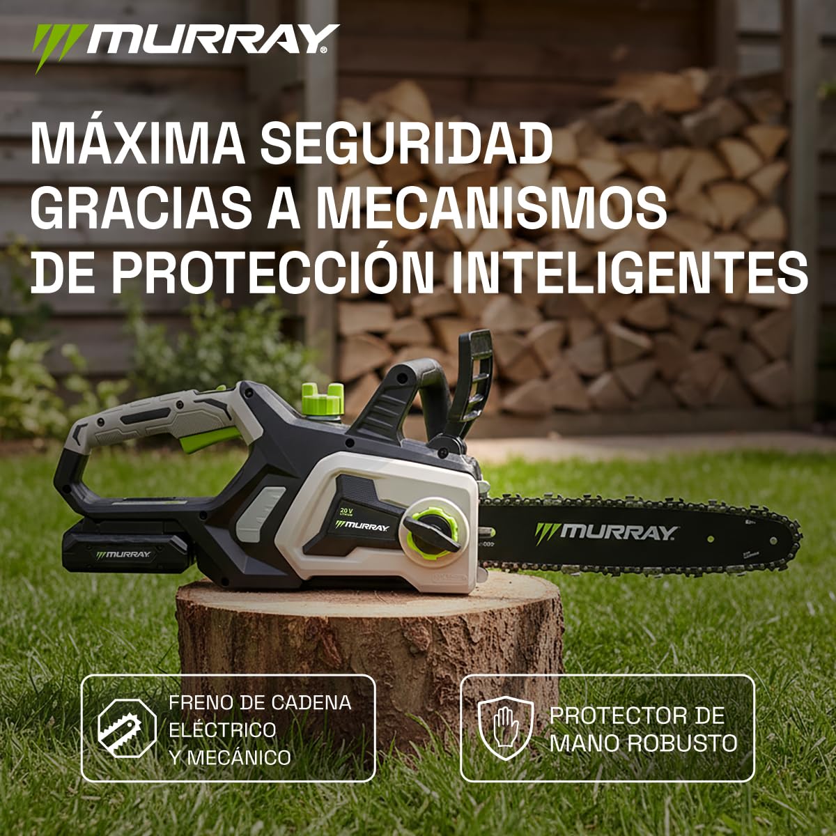 Murray Motosierra Inalámbrica 20V MU-BAT-CS30-KIT – Espada & Cadena 12", Función SDS, Freno de Seguridad Doble – Empuñadura Redonda, Gran Ventana de Aceite – Incluye Batería 4Ah & Cargador