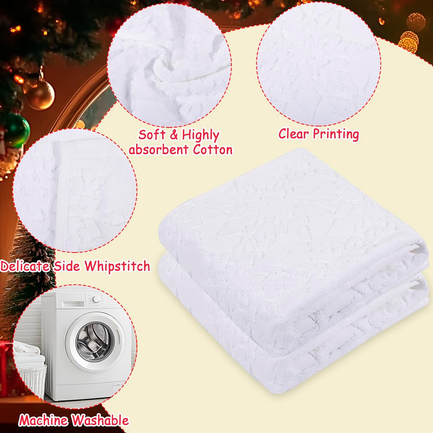 Christmas Snowflake Bathroom Hand Towels Set - 2 Pcs 28.4" x 14.2" White Printed Kitchen Dish Towels for Holiday Indoor Decorations, Cotton Decorative Fingertip Tea Table Towel for Winter Home Decor - Image 4