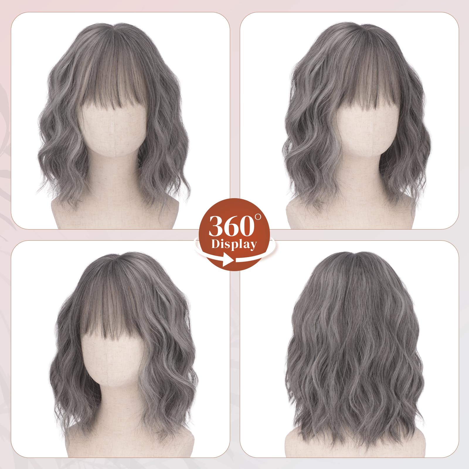 RUWISS Kurze Gewellt Bob Perücke mit Pony Grau 35 cm Synthetische Lockige Haare Perücken Damen für Cosplay Tägliche Party Halloween