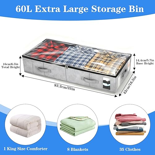 Miniatura 4 de Paquete de 2 contenedores de almacenamiento para debajo de la cama de 33 x 16.5 x 6.3 pulgadas, contenedores organizadores plegables con paredes