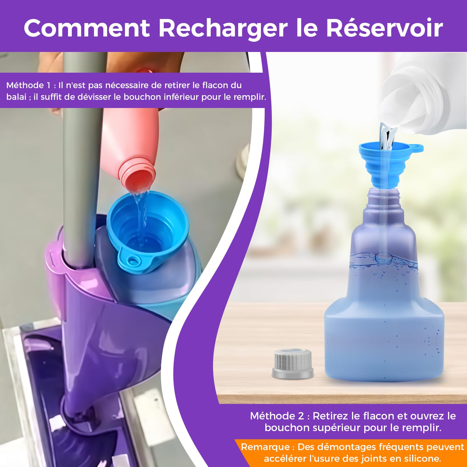 Bouteille Rechargeable pour Mop Swiffer® WetJet™, Bouteille de Recharge Étanche en PEHD pour Solution Nettoyante avec 8 Joints en Silicone et 1 Entonnoir Pliable, 500ml/17oz (Vide)