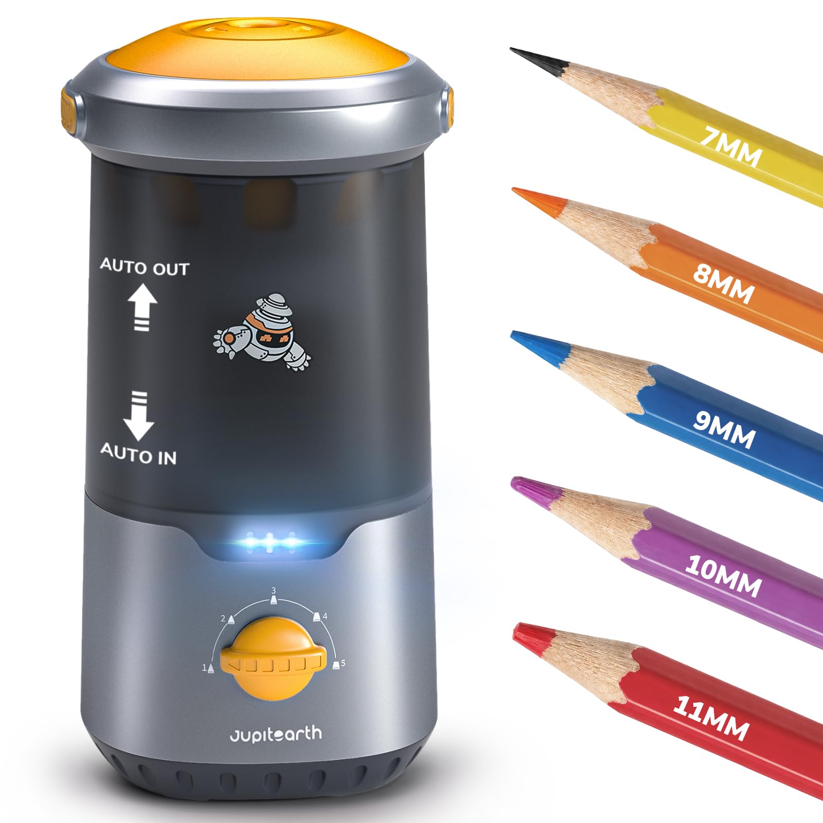 JUPITEARTH Sacapuntas eléctrico para niños, manos libres, recargable, entrada y salida automática, sacapuntas totalmente automático, se adapta a lápices de colores de 6,9 a 11 mm, n.º 2 para aula