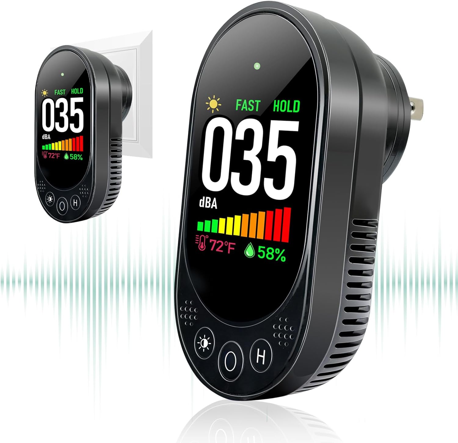 Decibel Meter Plug-in Wall, 3-in-1 Noise Detector(Noise,Temp and Humidity) with Fast/Slow Refresh Rate, MAX/MIN and Data Hold Function, 30–130 dBA Decibel Range for Home Classroom, Black