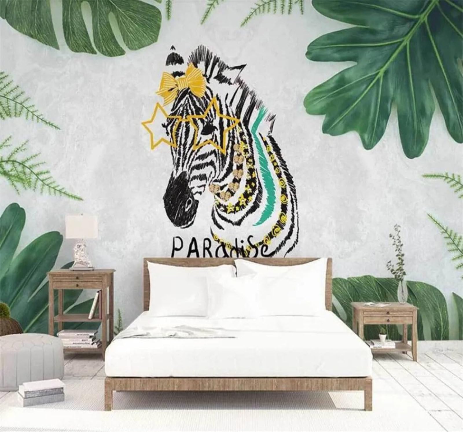 Tzxztt 200Cm×140Cm(B×H) Minimalist Fresh Aesthetic Zebra Green Leaves Modern 3D Wallpaper Premium Textured Silk Neutral Tones Material Ideal For Living Room Bedroom-200Cm×140Cm