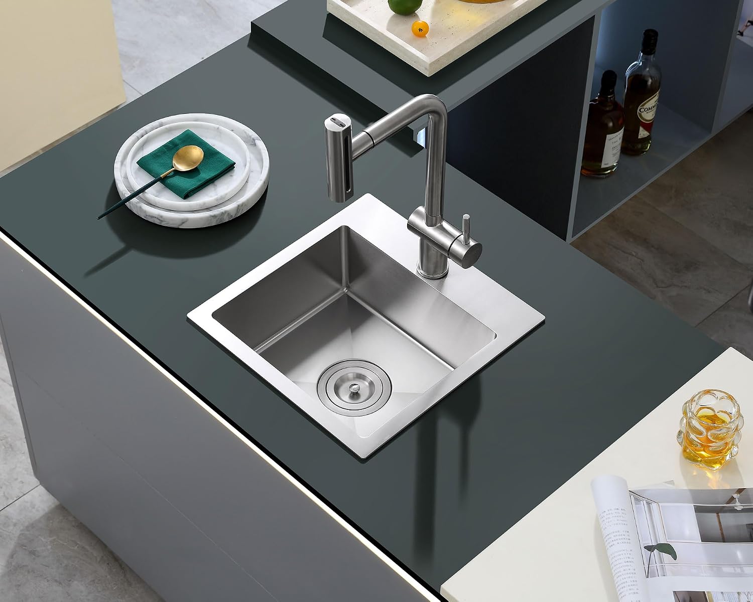 15 Inch Drop in Single Bowl Kitchen Sink 304 Stainless Steel | 15" x 15" Topmount Bar Sink Brushed, 6 inch Deep Basin Perfect for Mini Bar, Compact Kitchen & RV