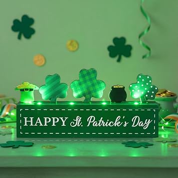 Yookeer St Patricks Day Table Decorations Shamrock LED Lighted Wooden Shamrock Table Centerpiece Signs Happy St. Patricks Day Decoration for Irish Farmhouse Home Shelf Tiered Tray Holiday Decor