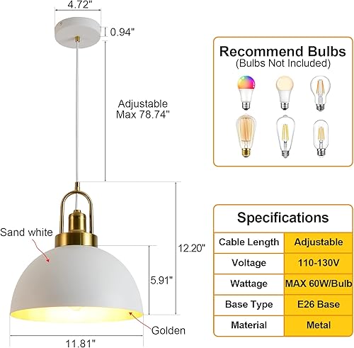 Miniatura 3 de Lámpara colgante vintage blanca y dorada de 11.81 pulgadas, rústica de granja, lámpara colgante de cúpula de latón para isla de cocina, comedor,