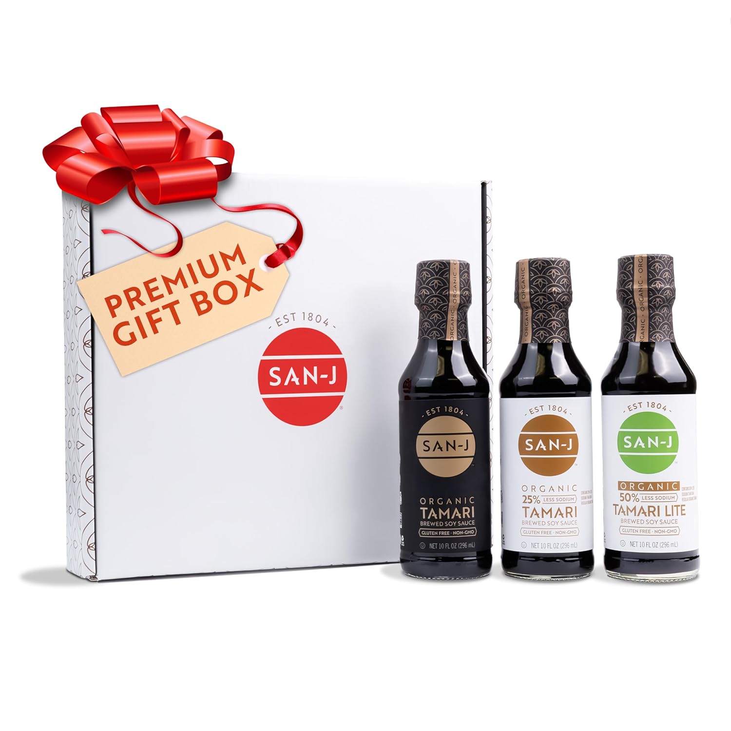 San-J Organic Tamari Soy Sauce 3-pack Premium Gift Box: Tamari, 25% Less Sodium, Lite 50% Less Sodium - 10oz Bottles