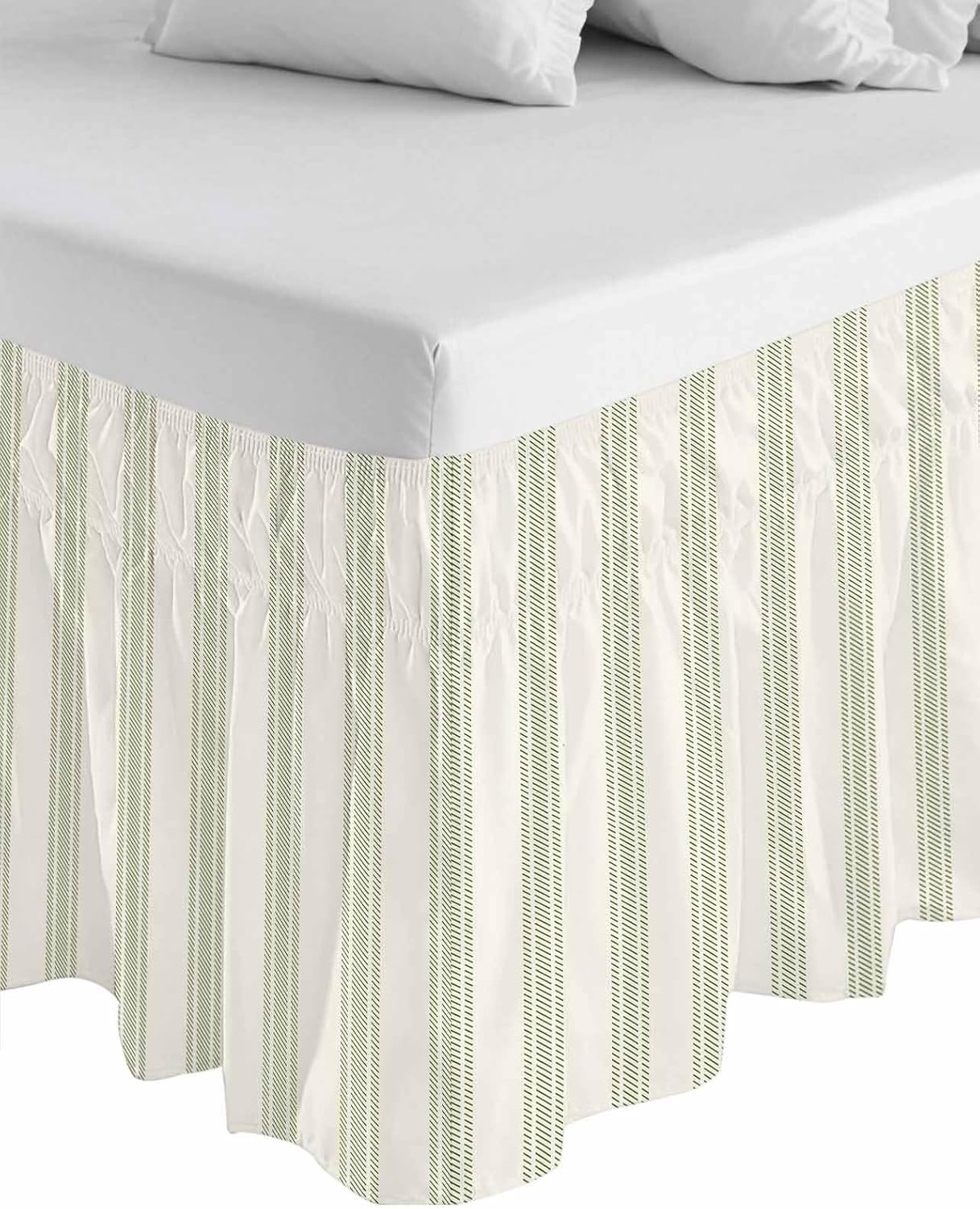 Wrap Around Bed Skirts for Queen Beds, Sage Green Stripe Geometric Beige Retro Farmhouse Decor Ruffle Bed Skirt with Adjustable Elastic Belts Easy Fit 16 Inch Drop