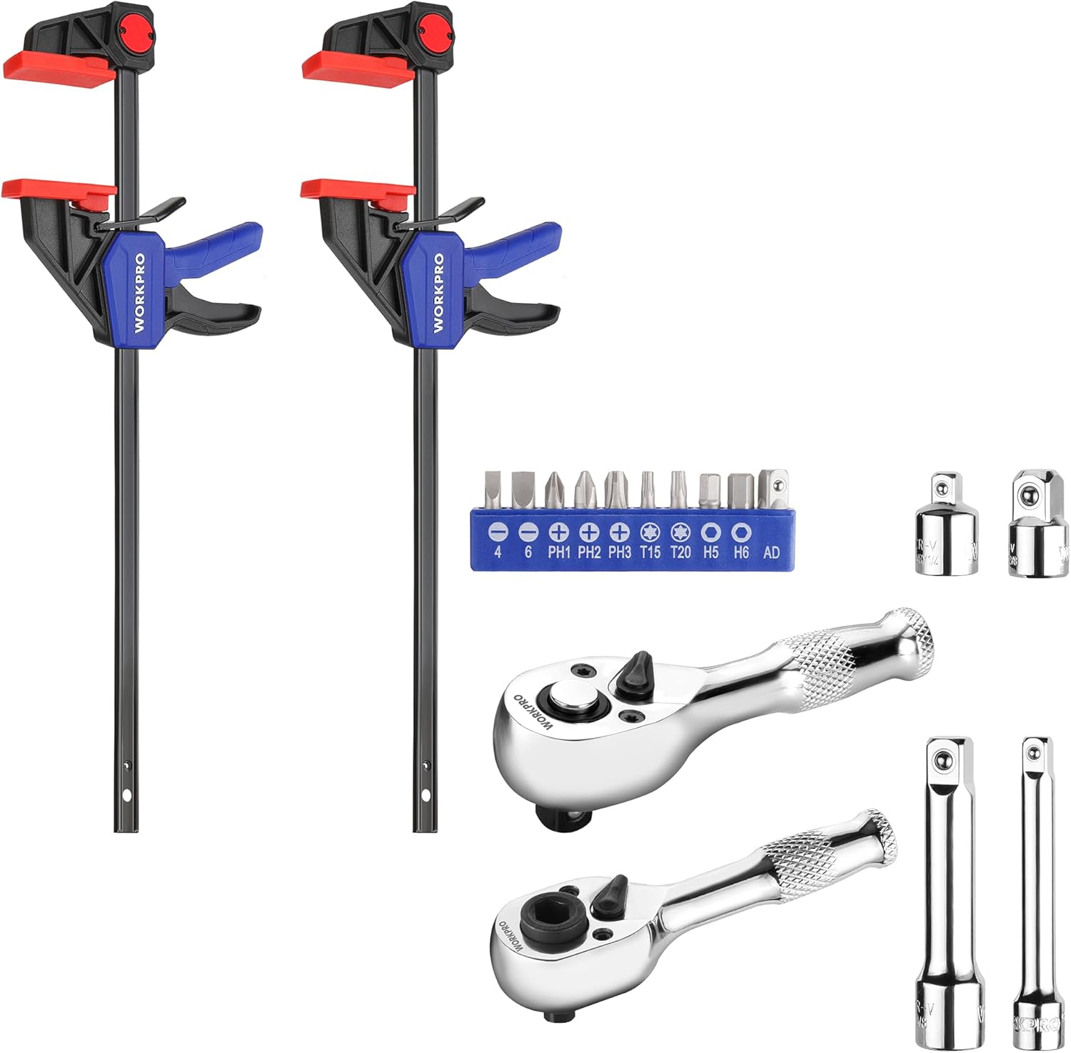 WORKPRO Stubby Ratchet & Bit Driver Set 16 PCS, 1/4", 3/8" Drive Ratchet Handle Wrench & WORKPRO 12" Bar Clamps for Woodworking 2-Pack