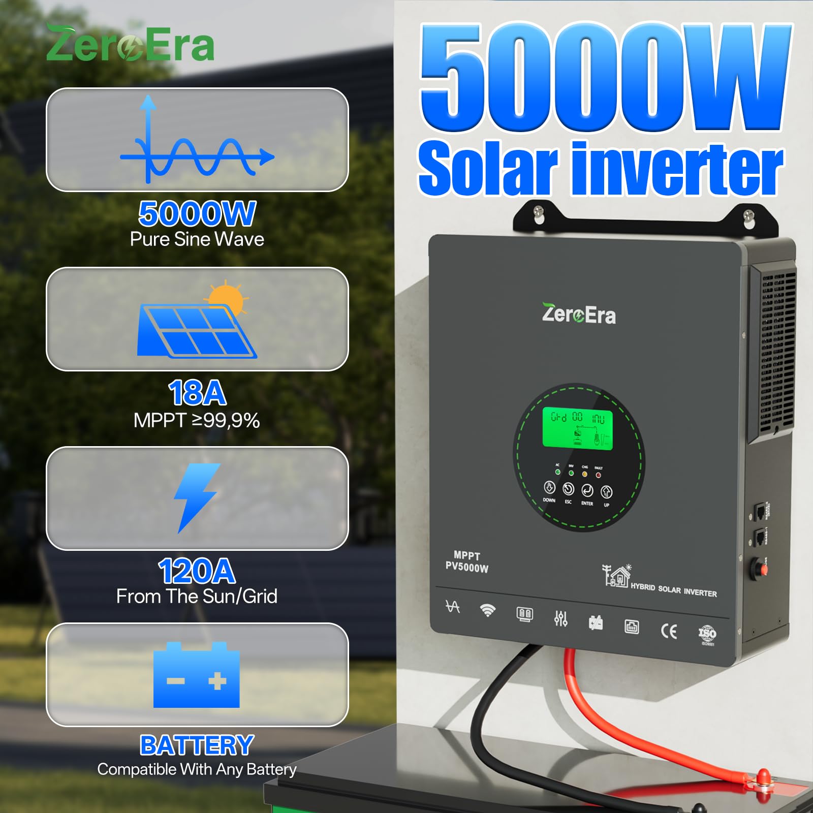 ZeroEra Inversor Híbrido 24V 3300W,Inversor Solar Híbrido Onda Sinusoidal Pura,24V CC a 220V/230V CA,WiFi,Controlador Carga MPPT,Protección BMS,Funcionamiento Batería (24V 3300W WiFi)