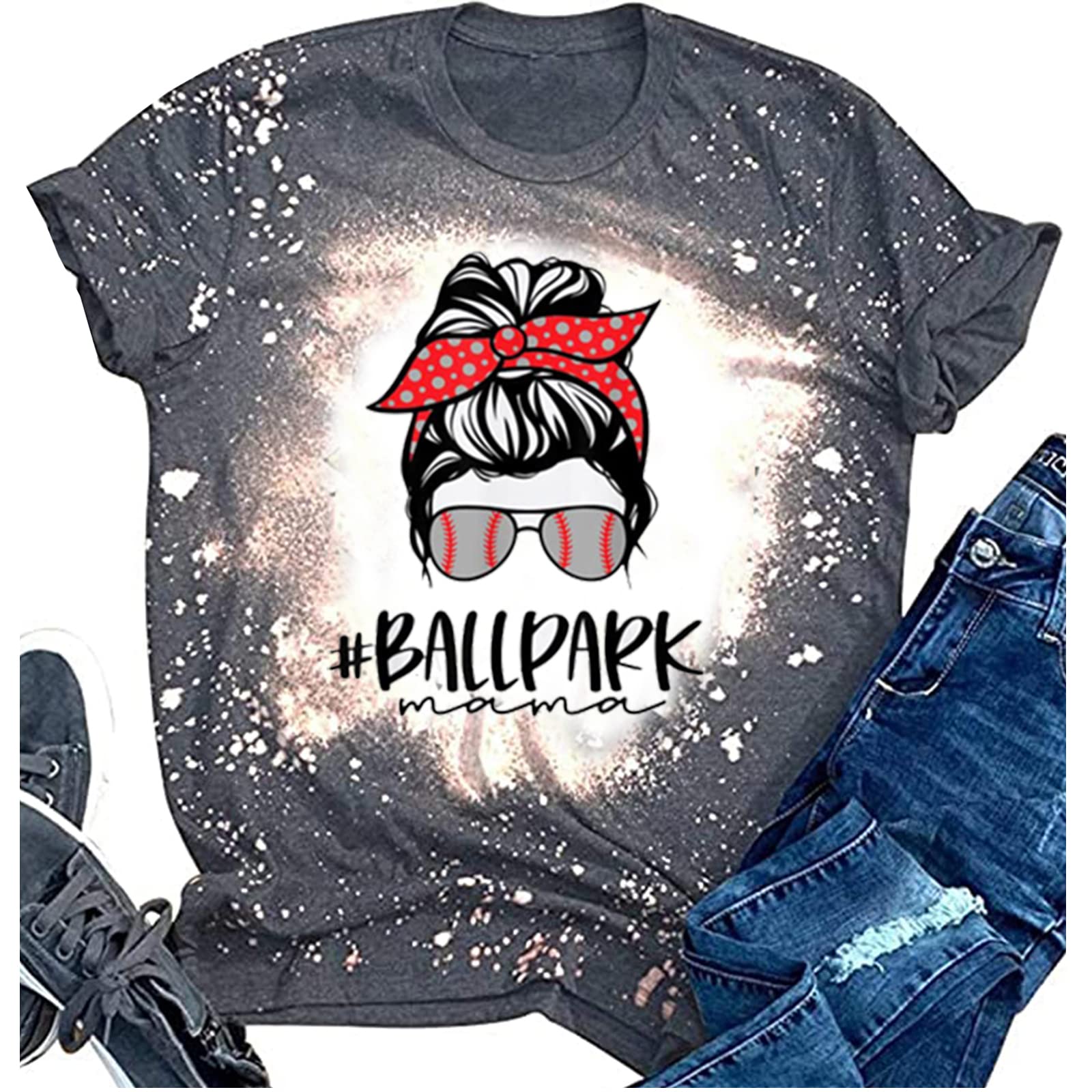 ZIFOTABaseball Mama Bleached T-Shirt for Women Funny Leopard Graphic Mama Distressed Shirt Letter Print Baseball Mom Tee Tops