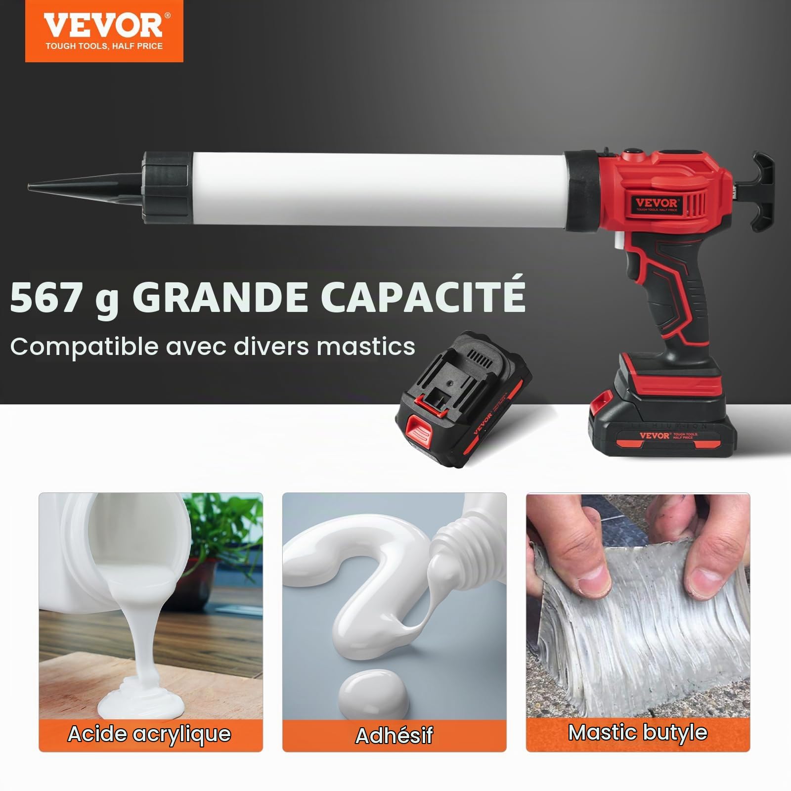 VEVOR Pistolet à Cartouche Électrique sans Fil 600 mL Pistolet à Mastic 20 V Pistolet à Calfeutrer à Batterie 2,0 Ah 4 Vitesses Réglables Anti-goutte Chargeur Rapide pour Calfeutrer, Remplir, Sceller