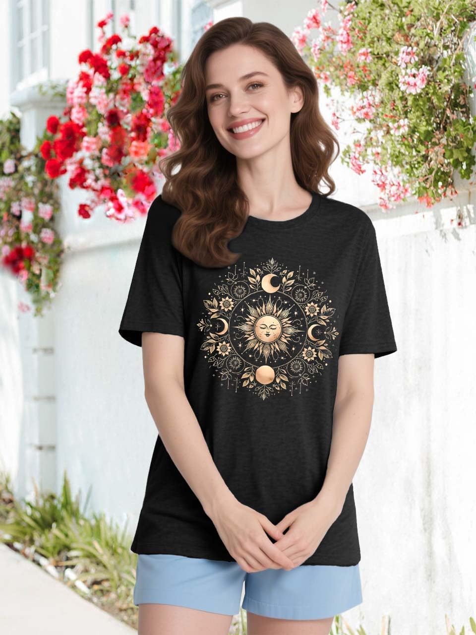 Boho Tops for Women Mystic Moon and Sun Wildflowers T-Shirt Celestial Tees Spiritual Astrology Shirt - Image 3