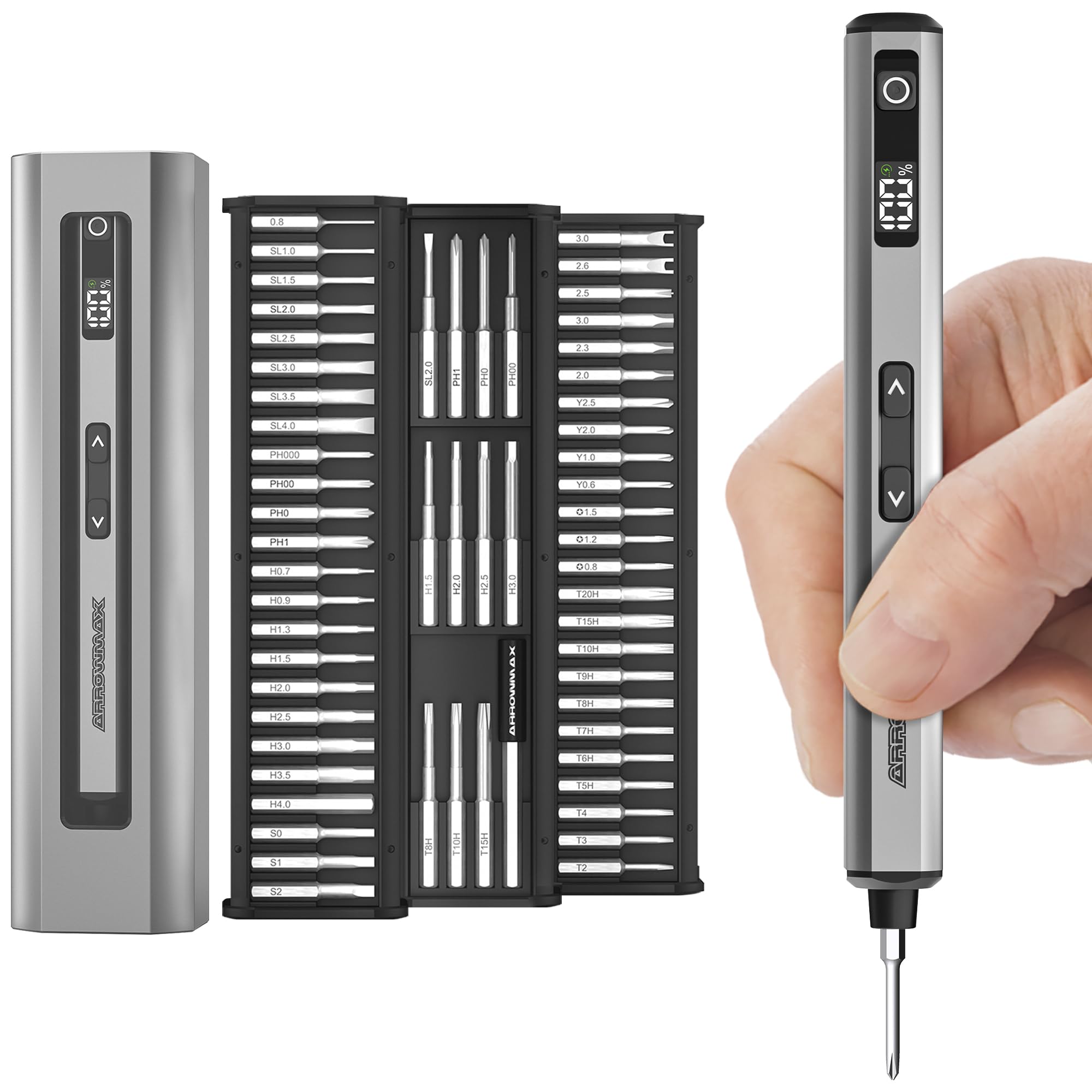 ARROWMAX Mini Electric Screwdriver, 60-in-1 Precision Electric Power Screwdriver Set with Magnetic Bits, 5 Torque Modes, Cordless Screwdriver Repair Tool Kit for Phone, DIY, Watch, Laptop (SES Nano)
