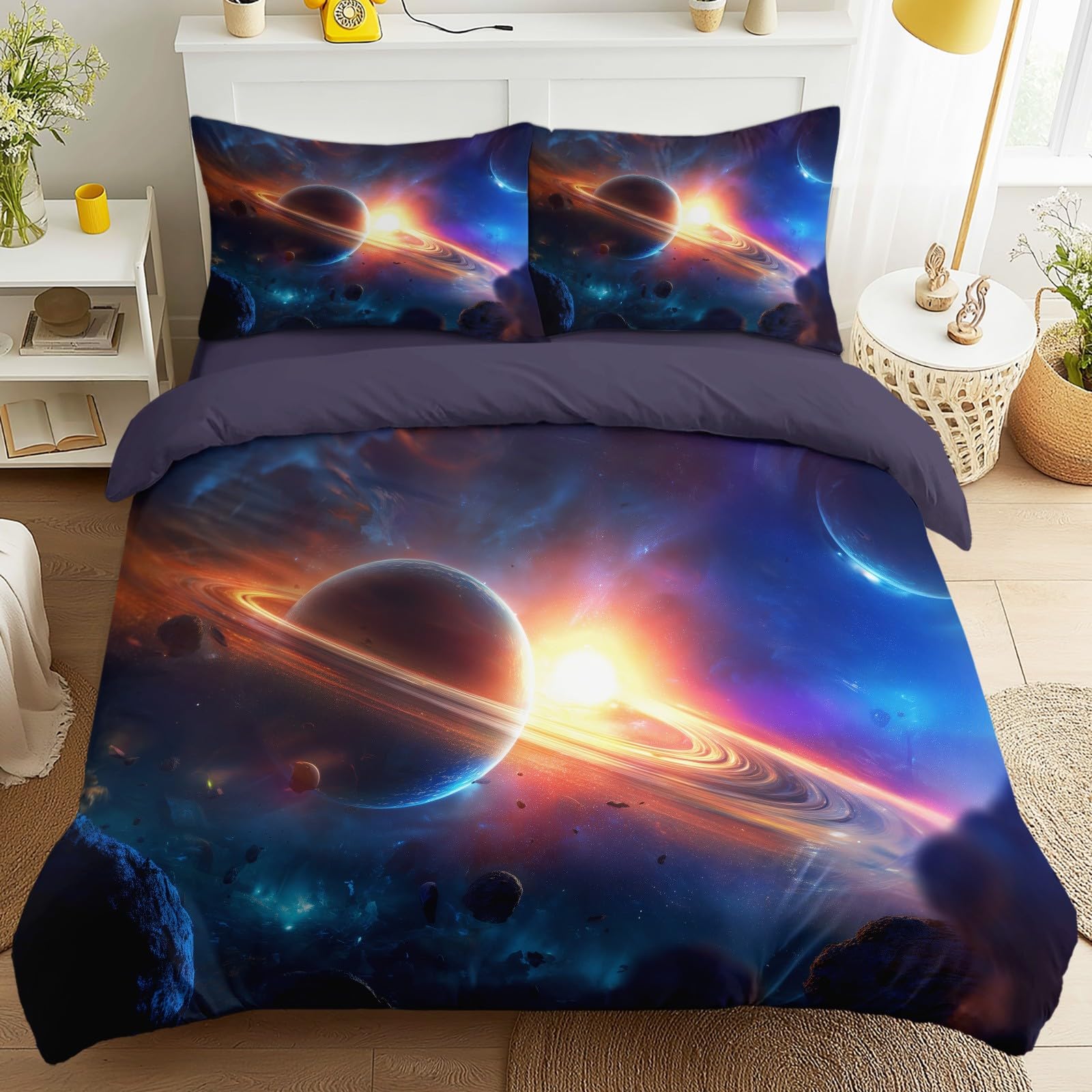 Housse de couette espace planète microfibre avec taie d'oreiller lit 2 p