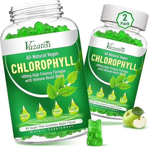 Paquete de 2 gomitas de clorofila sin azúcar para mujeres, hombres, adultos y niños, clorofila orgánica de 400 mg con musgo marino ACV vitamina C y