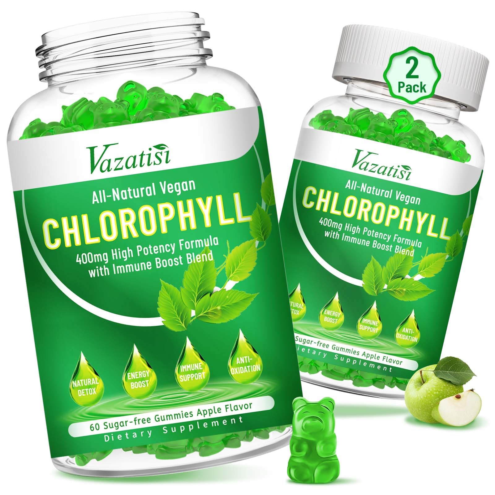 Chlorophyll Gummies - Super Green 13 in 1 with Ashwagandha Vitamin C Zinc & Copper for Body Odor, Skin Energy Immune Support Deodorant for Women - 120 Count 60 Count (Pack of 2)