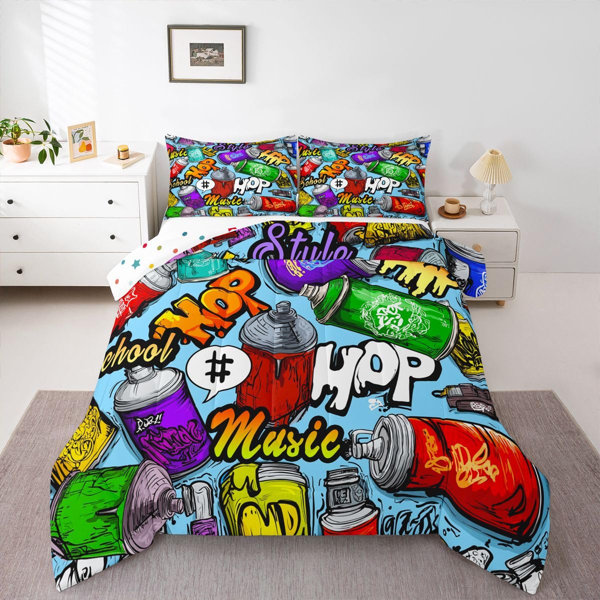 Erosebridal Hip Hop Comforter Set Twin Size, Graffiti Style Down Comforter for Kids Boys Girls Teens, Street Culture Bedding Set Grunge Watercolor