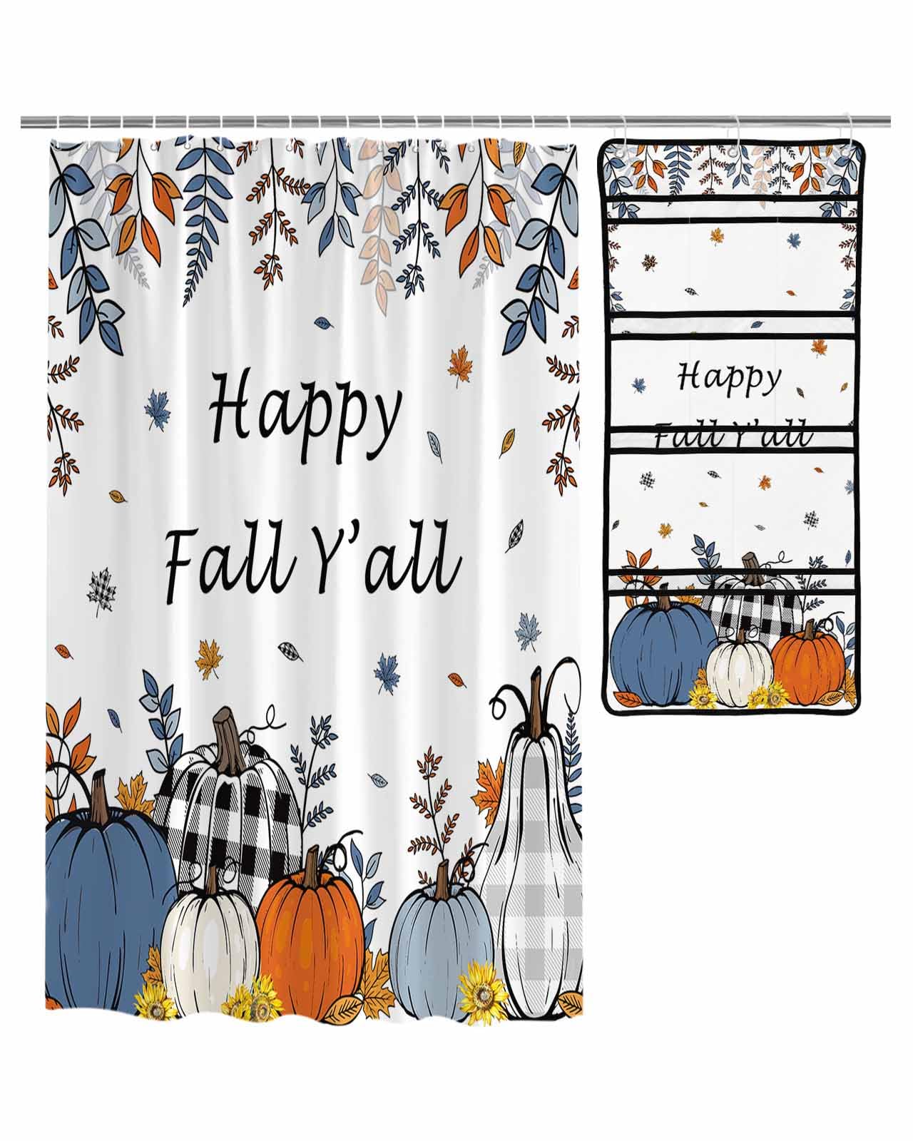 Shower Curtain Mesh Shower Organizer Set Thanksgiving Pumpkin Sketch Plant Waterproof Bath Curtains Hanging Shower Caddy Bathroom Organizer