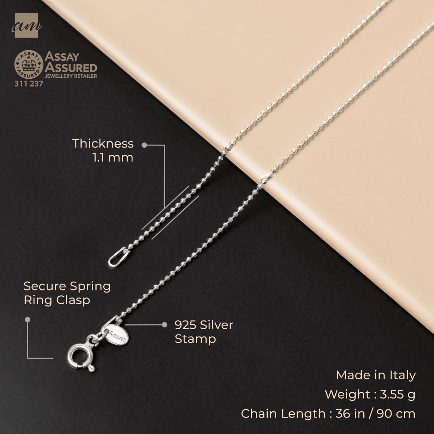 Amberta 925 Sterling Silver 1.1 mm Ball Chain Necklace for Men Women | 925 Silver Chain for Men Women | Silver Dog Tag Chain for Men | Silver Beaded Necklace for Women