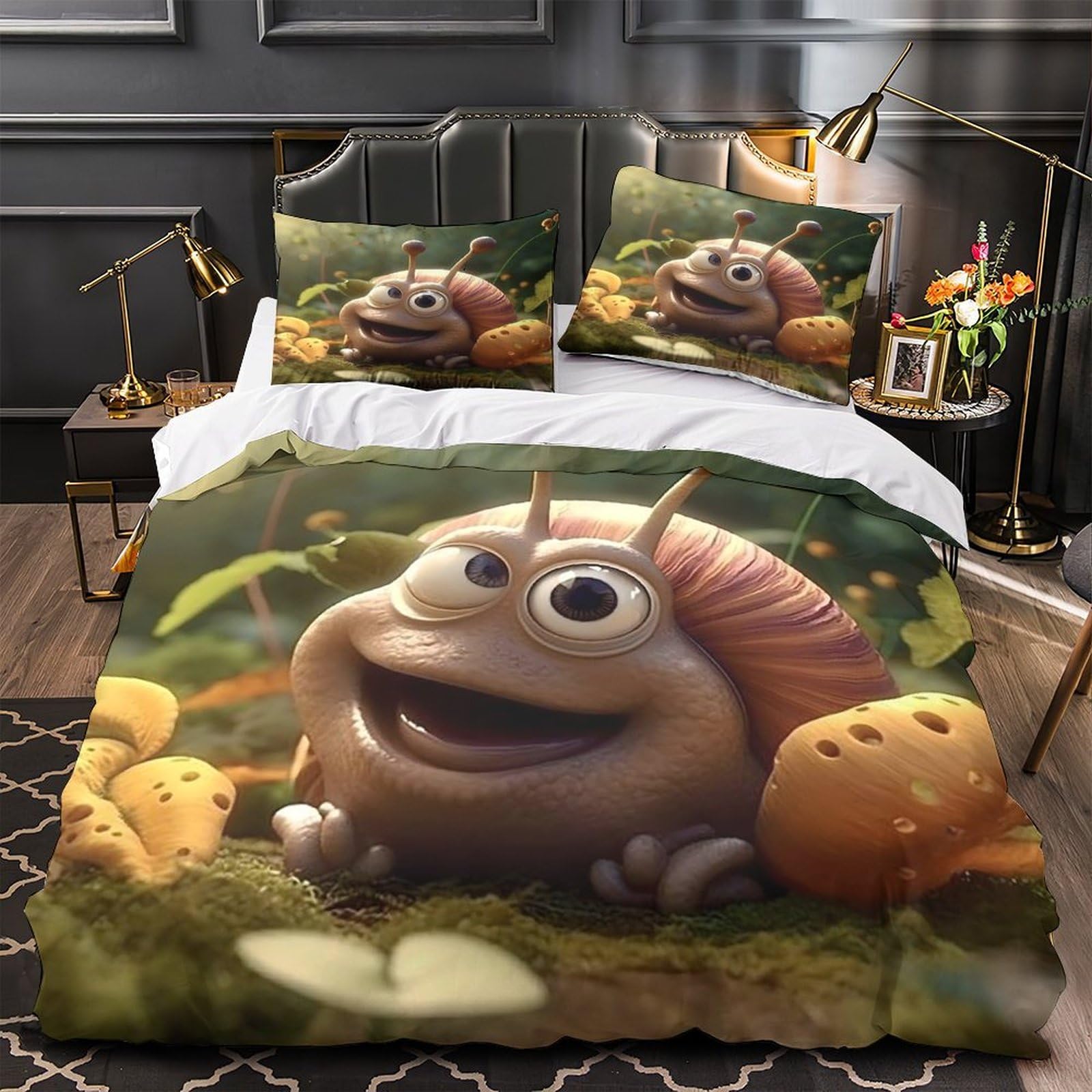 Parure de lit escargot mignon avec housse de couette imprimée 3D en microfibre pour enfant 140x200