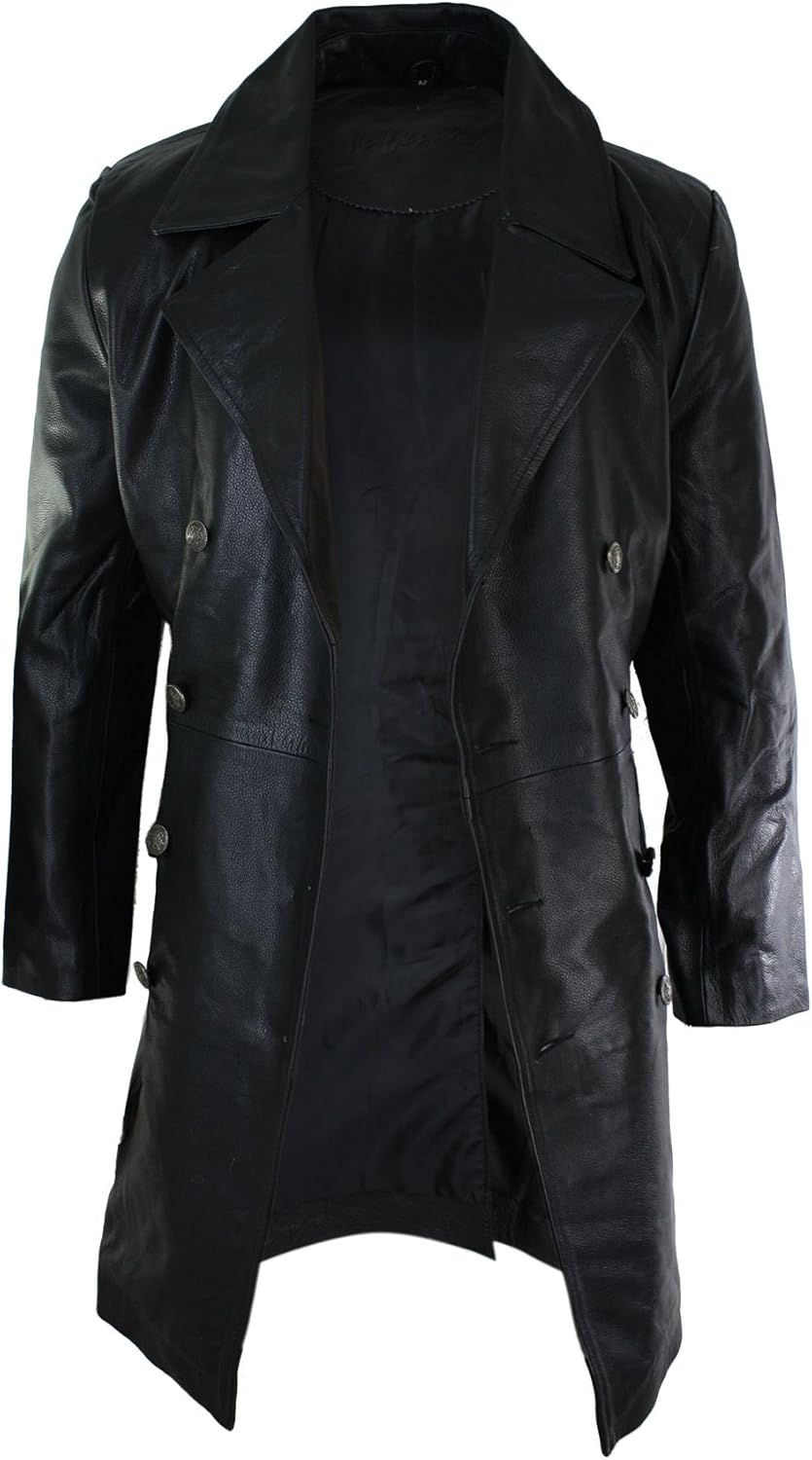 Mens Long 3/4 Black Real Leather German Generals Jacket Punk Rock Emo