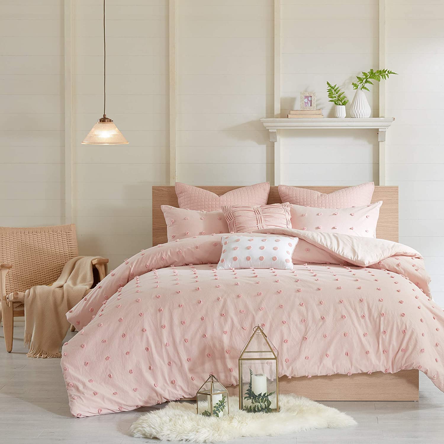 Housse de couette 220x240cm jacquard rose avec broderie main élégante