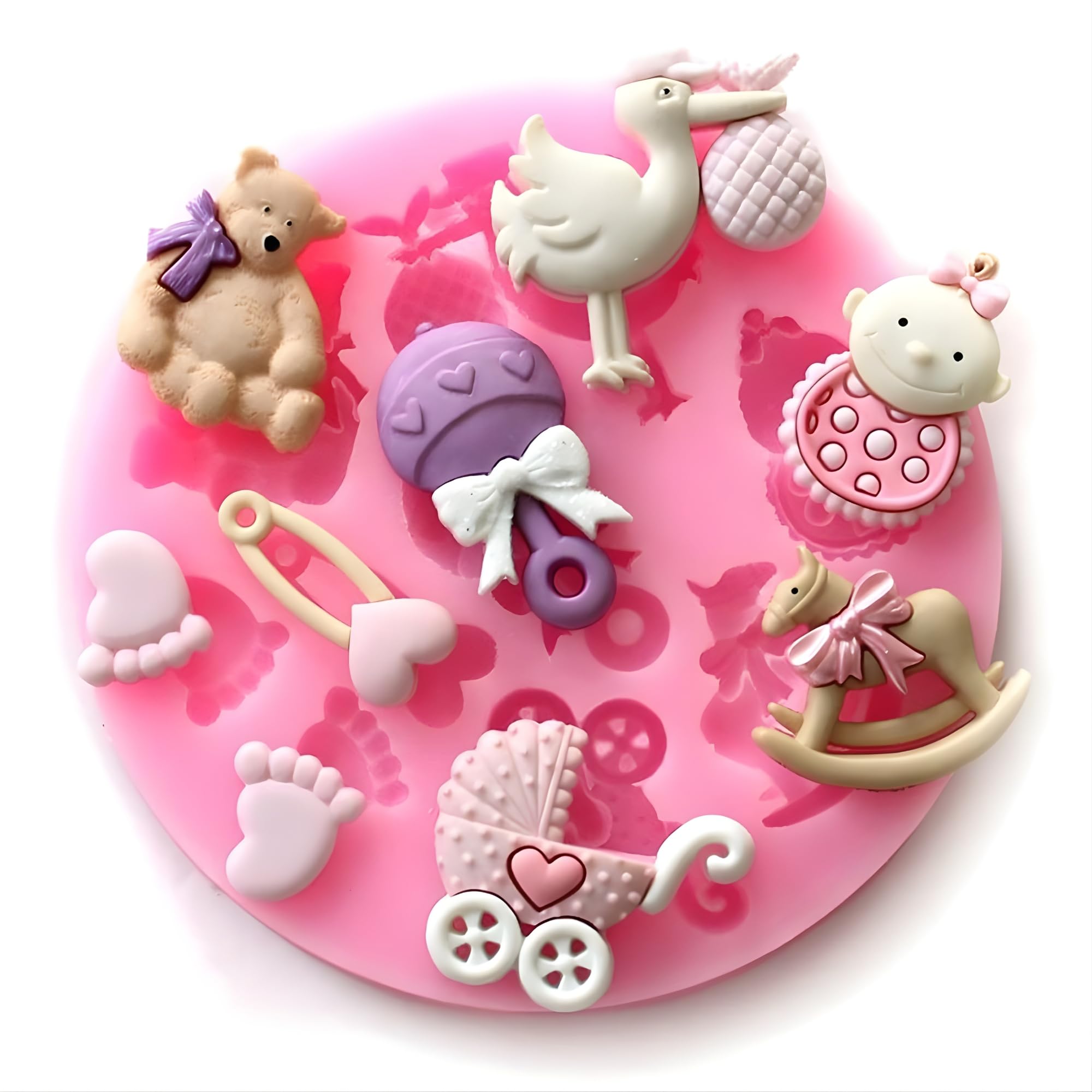 Baby Shower Silicone Candle Mould – Teddy Bear, Stroller, Rocking Horse, Baby Feet, Rattle, Safety Pin | Cute 3D Multi Cavity Mould for Candle, Soap, chocolate, Resin & Fondant Making (Small)-image-25