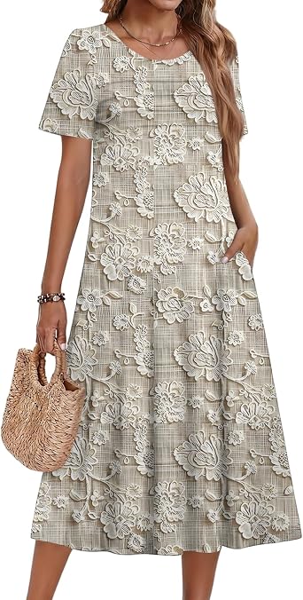Kenvina Dresses for Women Trendy Casual Pleated Front Midi Dress Loose Short Sleeve Dress Crew Neck Dresses with Pockets