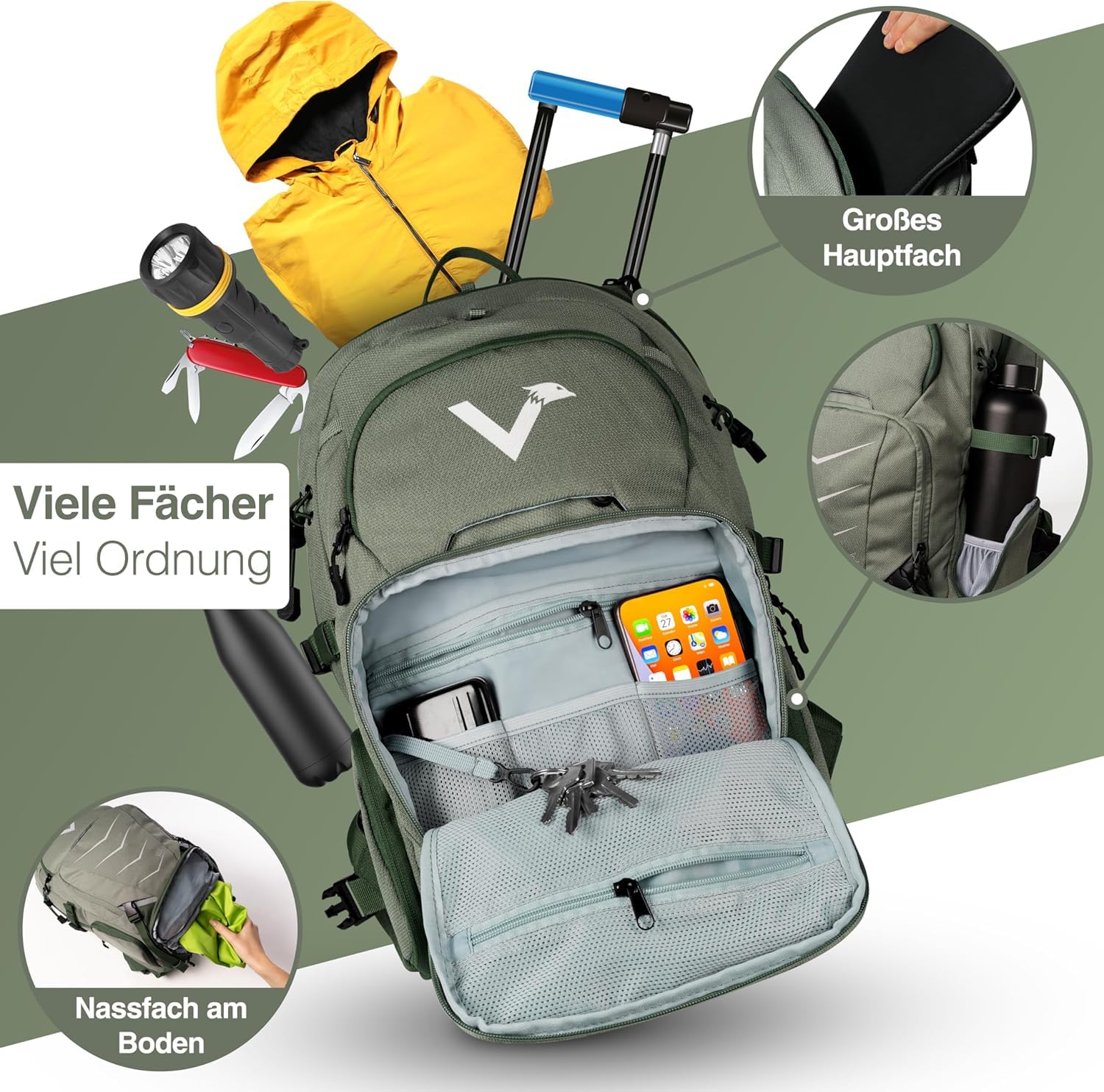 Valkental - Innovativer Rucksack mit perfekter Aufteilung (22L) Erweiterbares Volumen (Kein Schwitzen) Wanderrucksack, Trekkingrucksack, Fahrradrucksack & Outdoor Rucksack - Wasserfest & Reflektierend