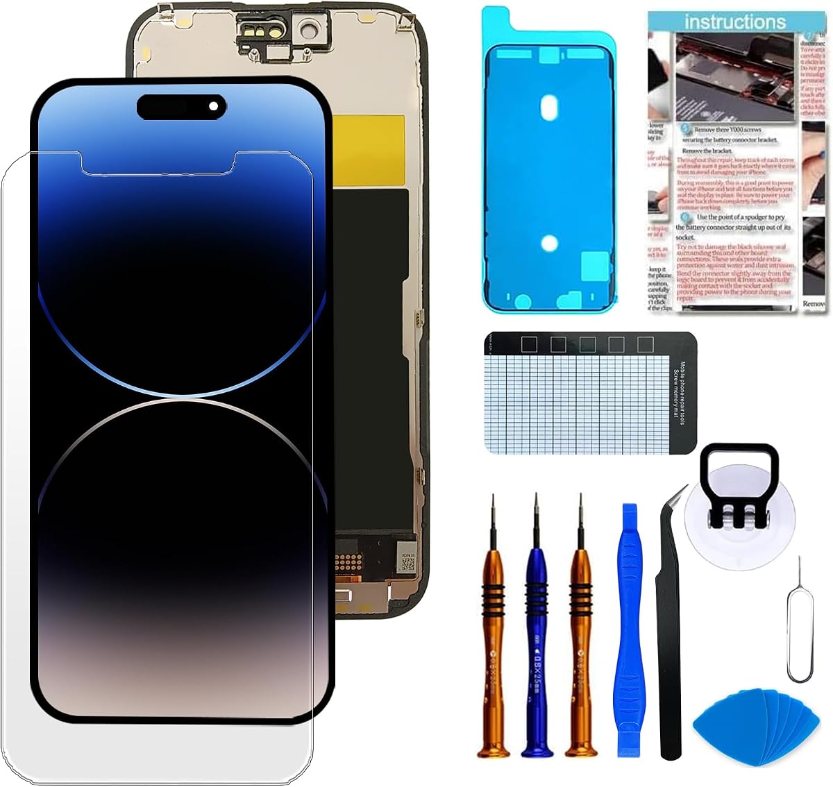 OLED Screen for iPhone 15 Pro Replacement Screen [Soft OLED with True Tone, NOT Hard LCD], Full HD Digitizer Assembly with Repair Tools Kit, Waterproof Adhesive, Screen Protector & Video Guide