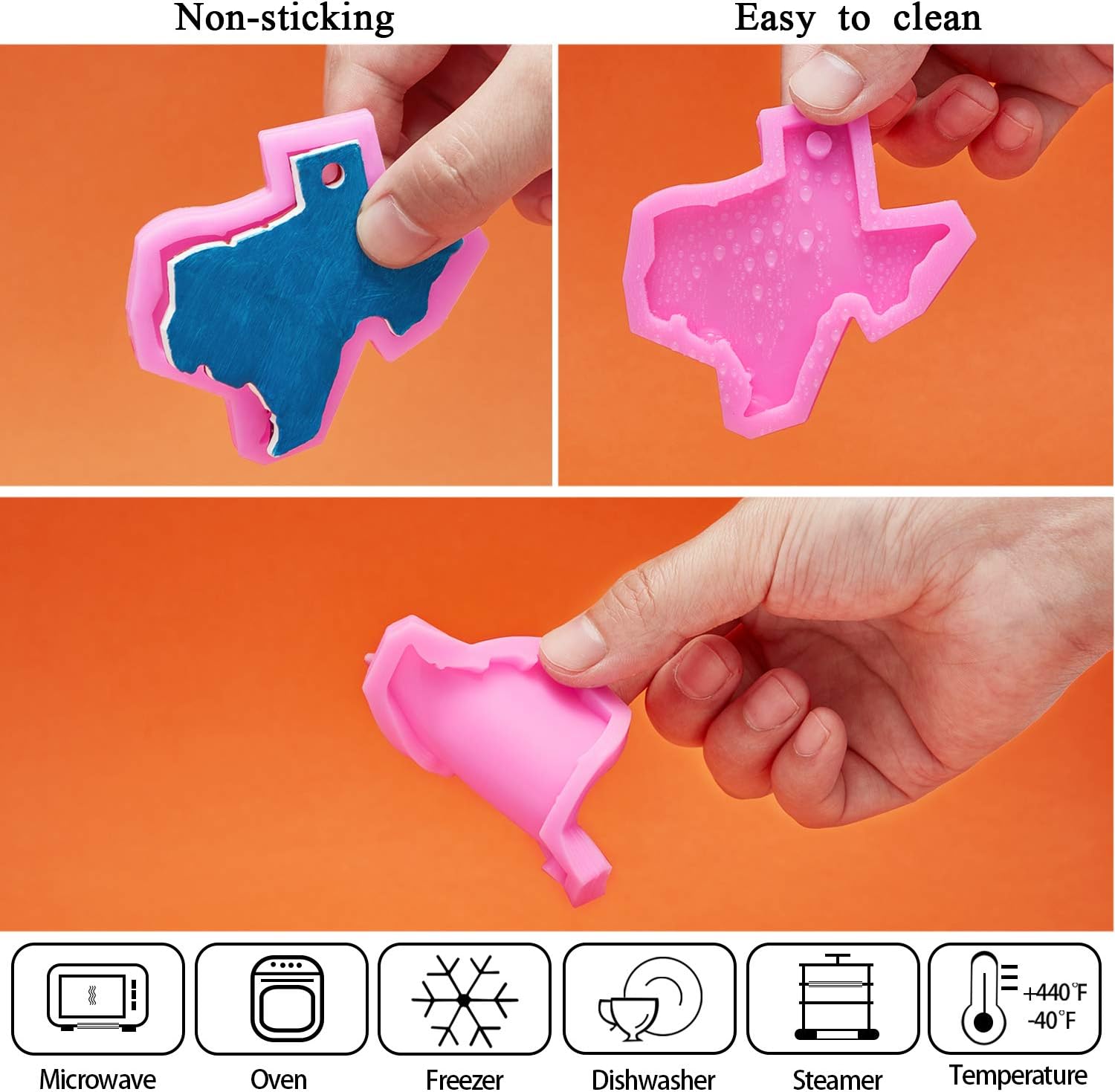 2 Pieces Map Silicone Mold Silicone Keychain Mold America Texas State Map Keychain Silicone Mold with Hole, Candy Chocolate Fondant Mold with 10 Pieces Key Rings for DIY Keychain, Soap, Pudding, Pink