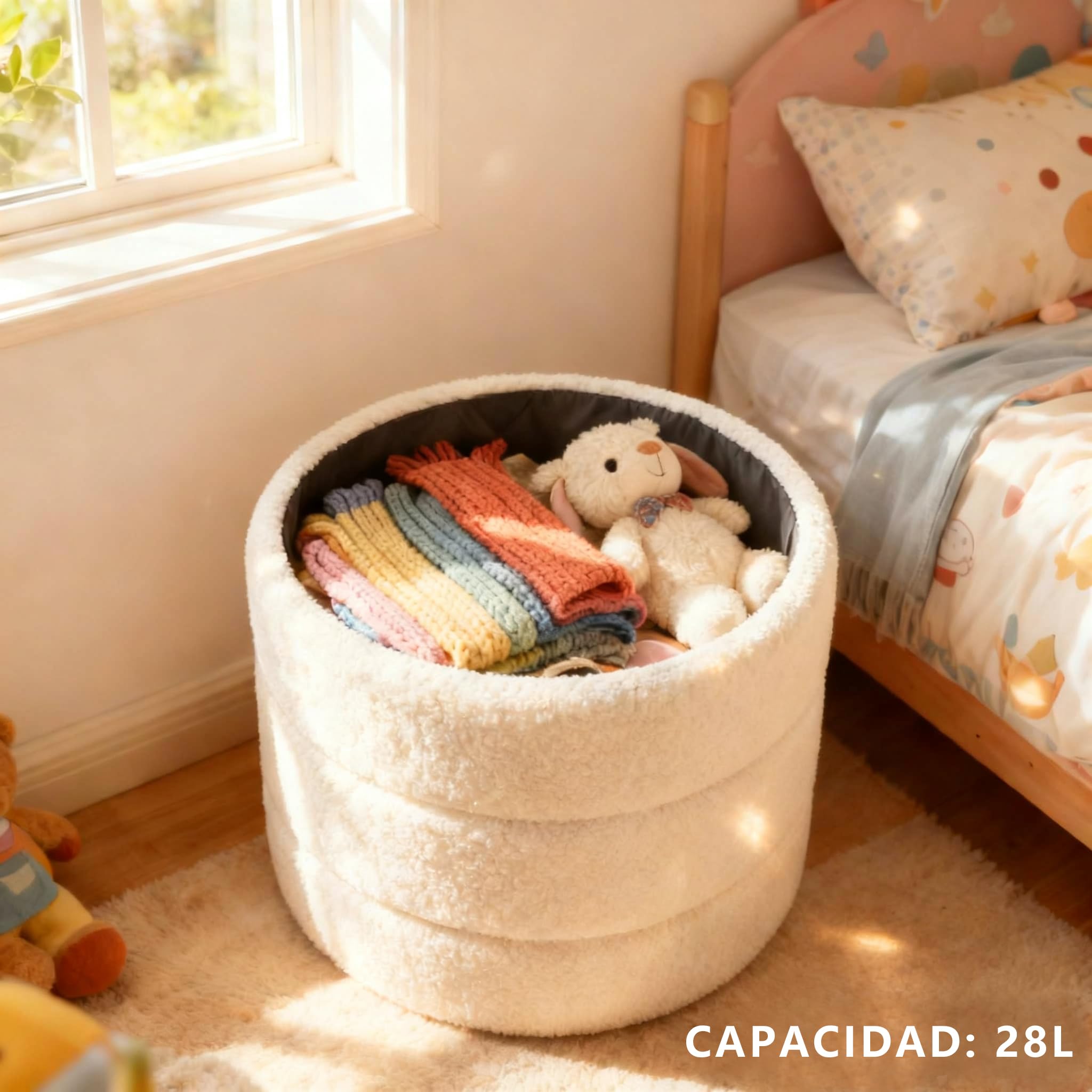 Taburete Redondo de Bouclé Blanco con Almacenaje y Tapa Reversible – Puff Multifuncional para Tocador, Salón, Dormitorio y Habitación Infantil