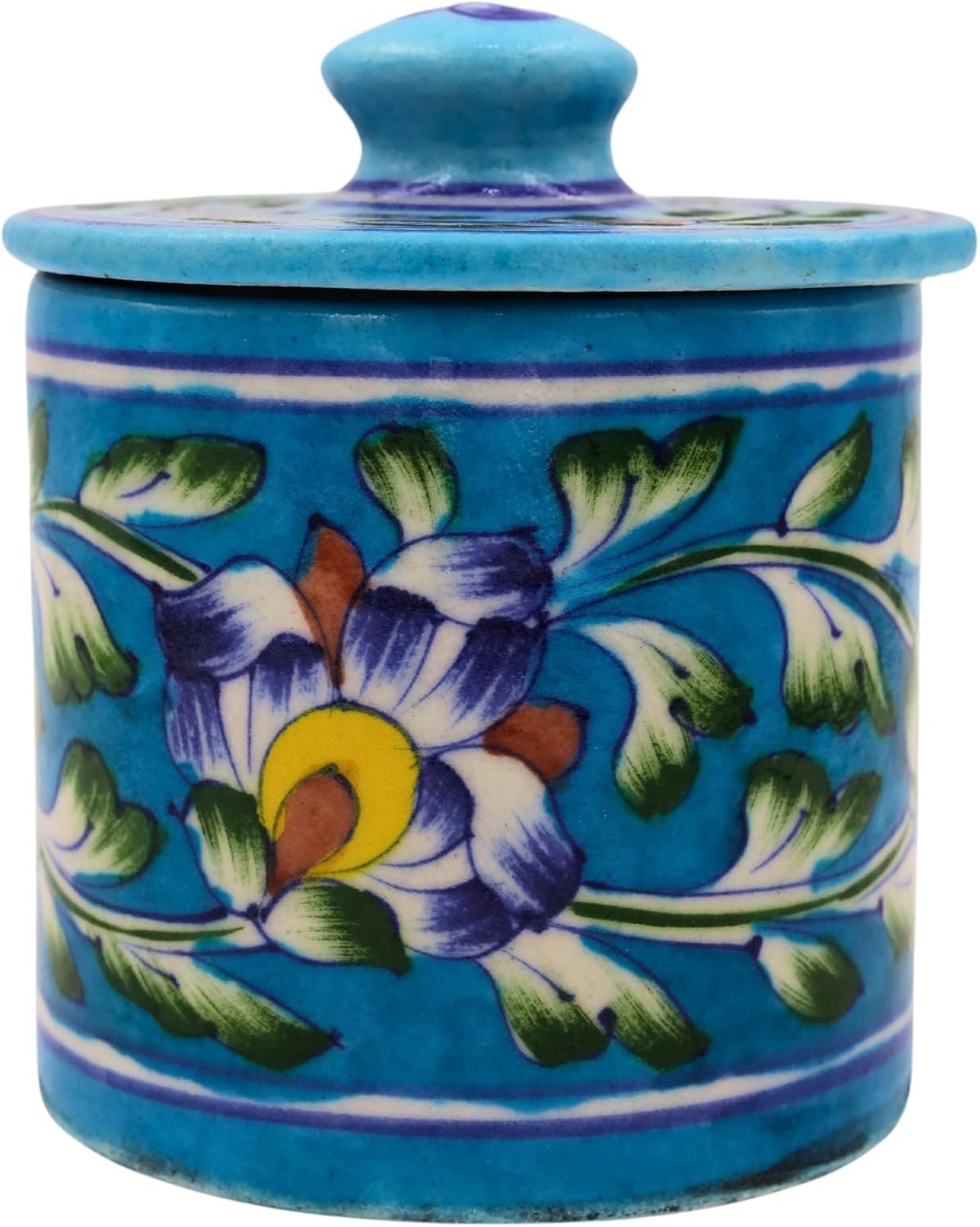 NATRIEL Rare Vintage Arts of India Blue Pottery Handmade Storage Jar with Lid, Handpainted Floral Design, Traditional Style, 3.74x3.74 Inch (Turquoise)
