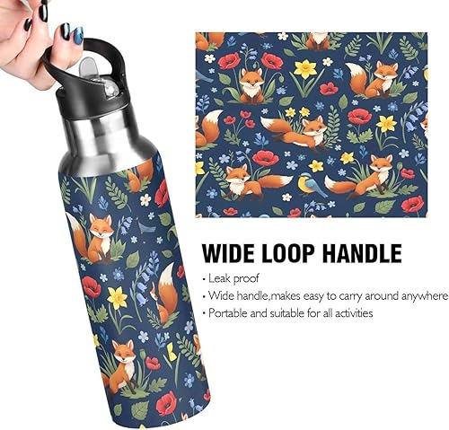 Miniatura 4 de Insulated Water Bottle 32 Oz, Leakproof Water Bottles for Gym Outdoor Travel School, Cute Foxes Colorful Flowers