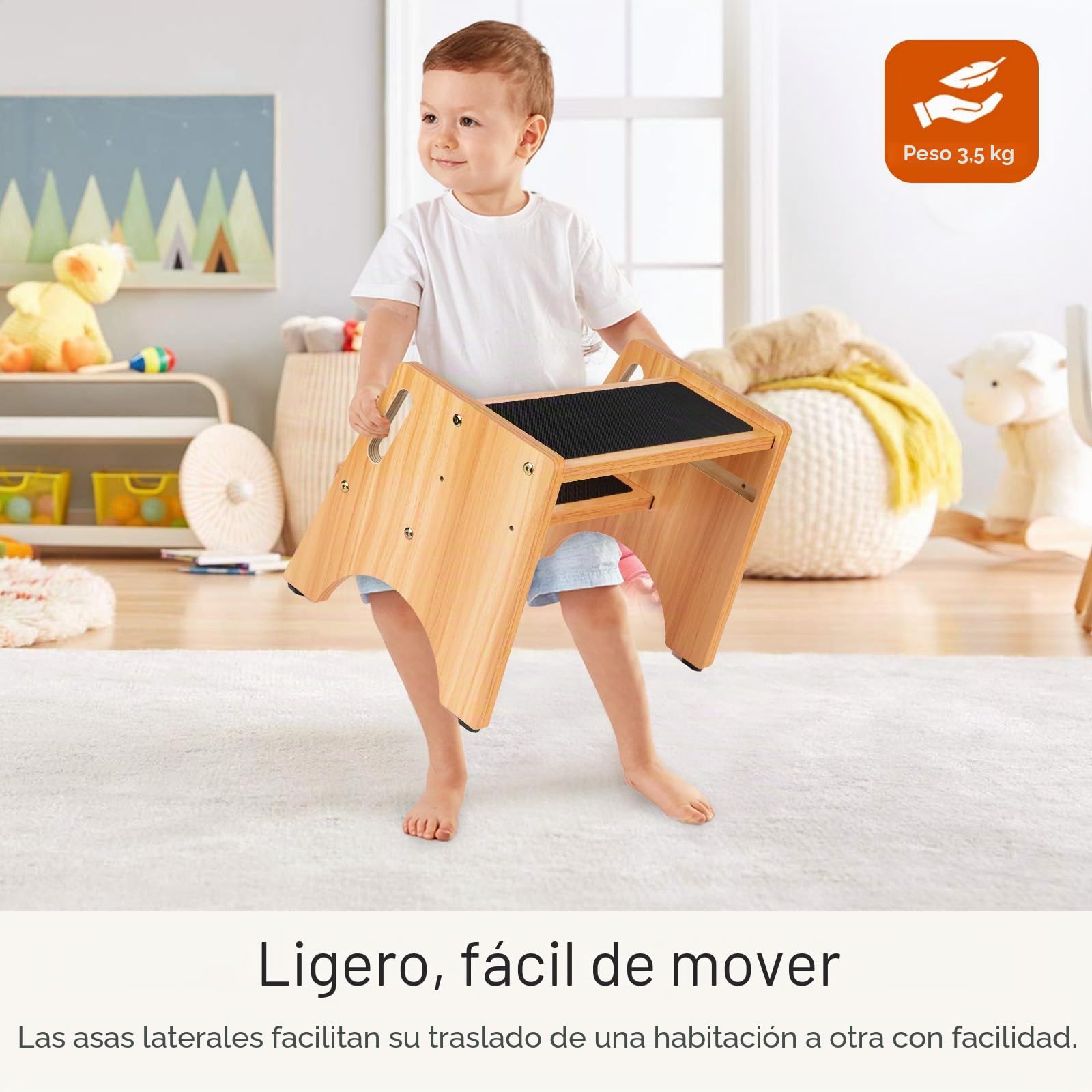 StrongTek Taburete 2 Escalones Ajustables de Madera | Escalera resistente de madera con 2 peldaños regulables en altura y bordes antideslizantes para uso familiar