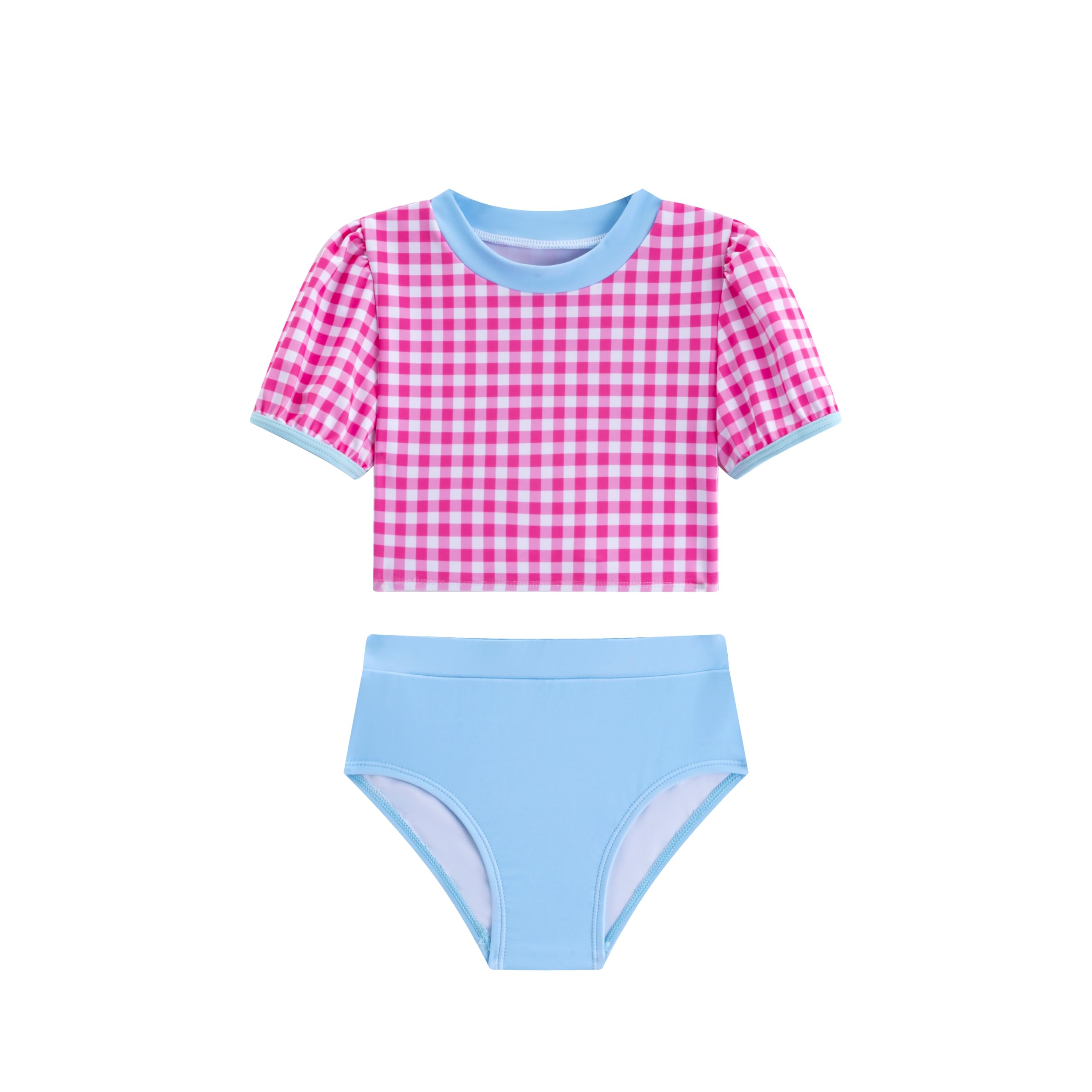 LIZENS Girls' Swimwear Two Piece Scoop Neck Short Sleeve Pull Sleeve Pink Plaid Beach Bathing Suit for Kids(LG102-1,10-12T)