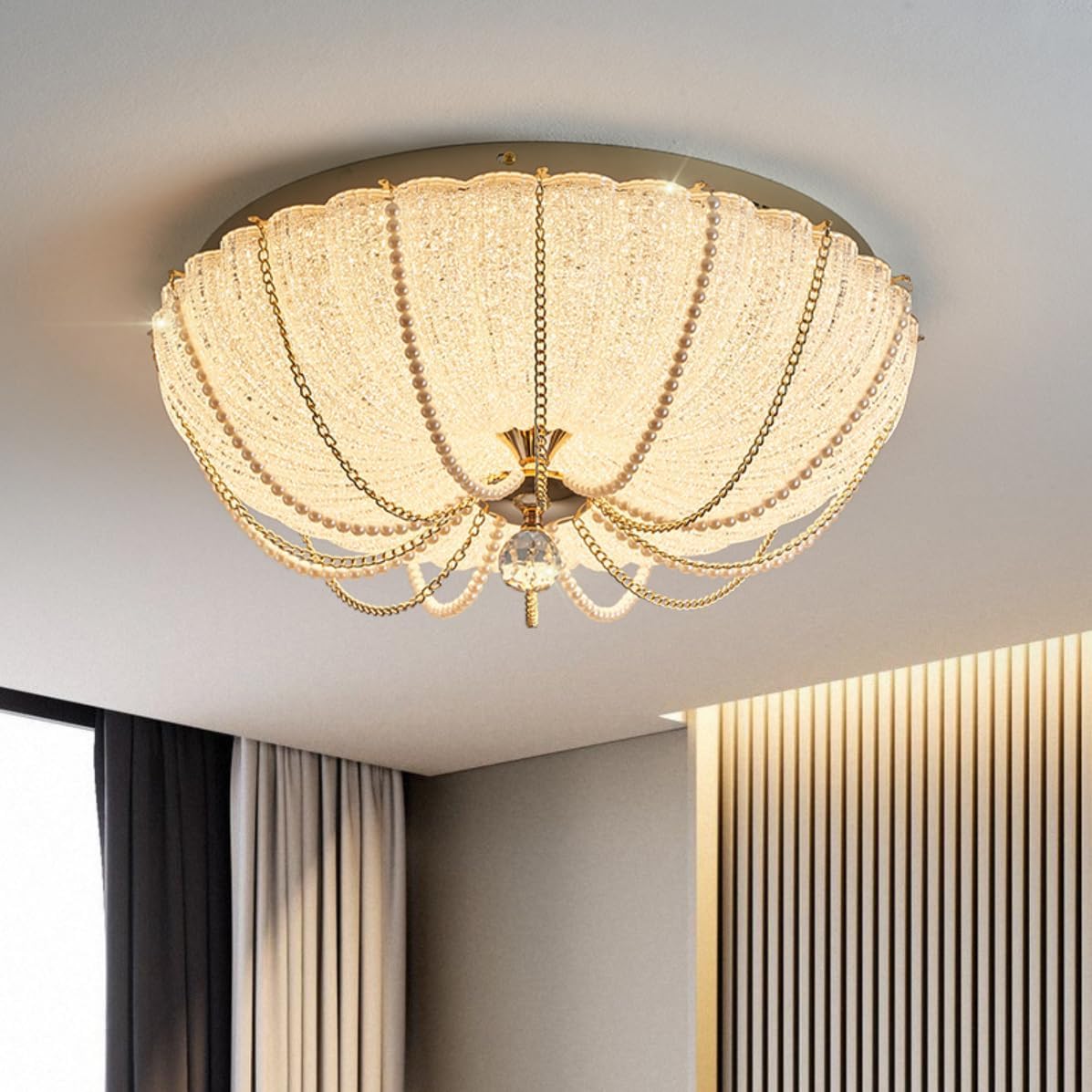 Gold Crystal Ceiling Light Modern Flush Mount Chandelier 19.6 Inch Pumpkin Ceiling Light Frosted Glass Ceiling Lamp with Acrylic Shade and Elegant Pearl Chains - 3000K-6000K