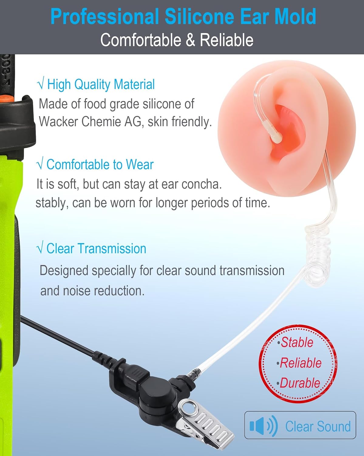 Commountain Soft Earmold for Walkie Talkie Acoustic Tube Earpiece, Silicone Ear Buds Compatible for Motorola Kenwood Baofeng Coil Tube Earpieces, 6-Pack, Pale Pink, Medium Size for Left Ear