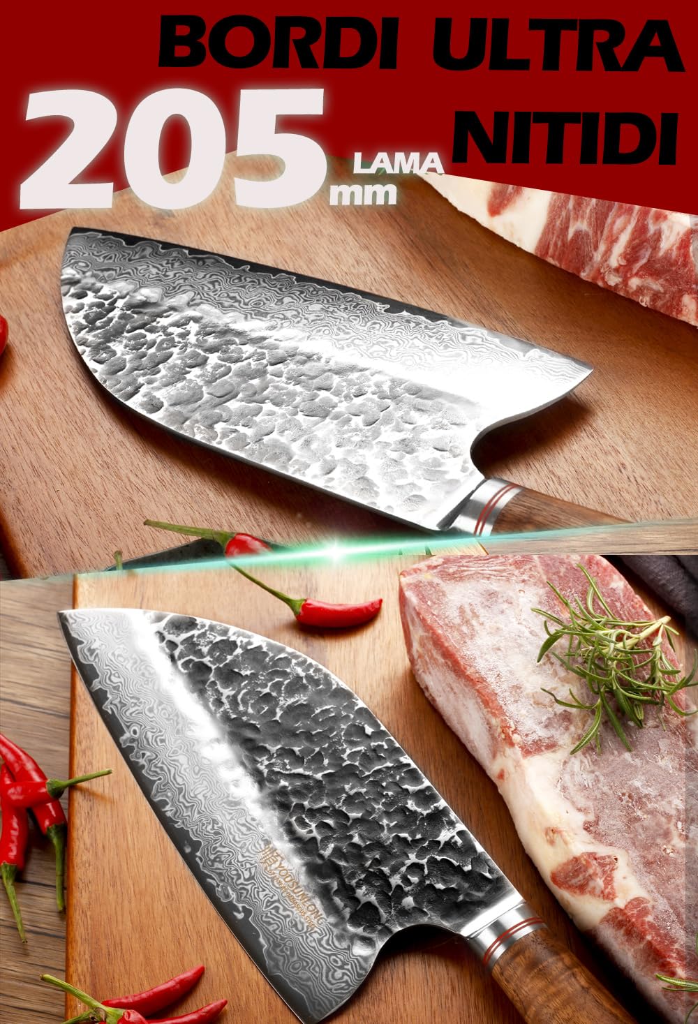 YOUSUNLONG Coltello da cucina professionale da chef mannaia da carne da 206mm martellato damasco fodero in legno di noce naturale con pelle