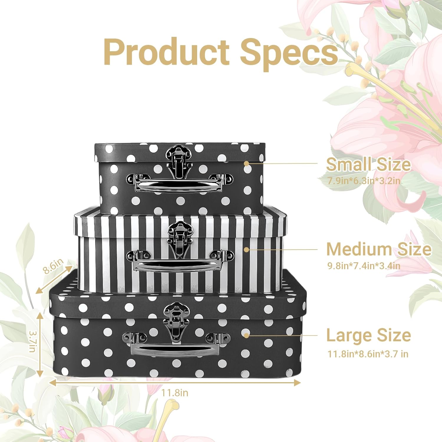 Paperboard Suitcases Set of 3 Decorative Storage Boxes with Lids,Cute Storage Gift Boxes for Toys,Photos,Hat,Birthday Party Home Decoration(Black)
