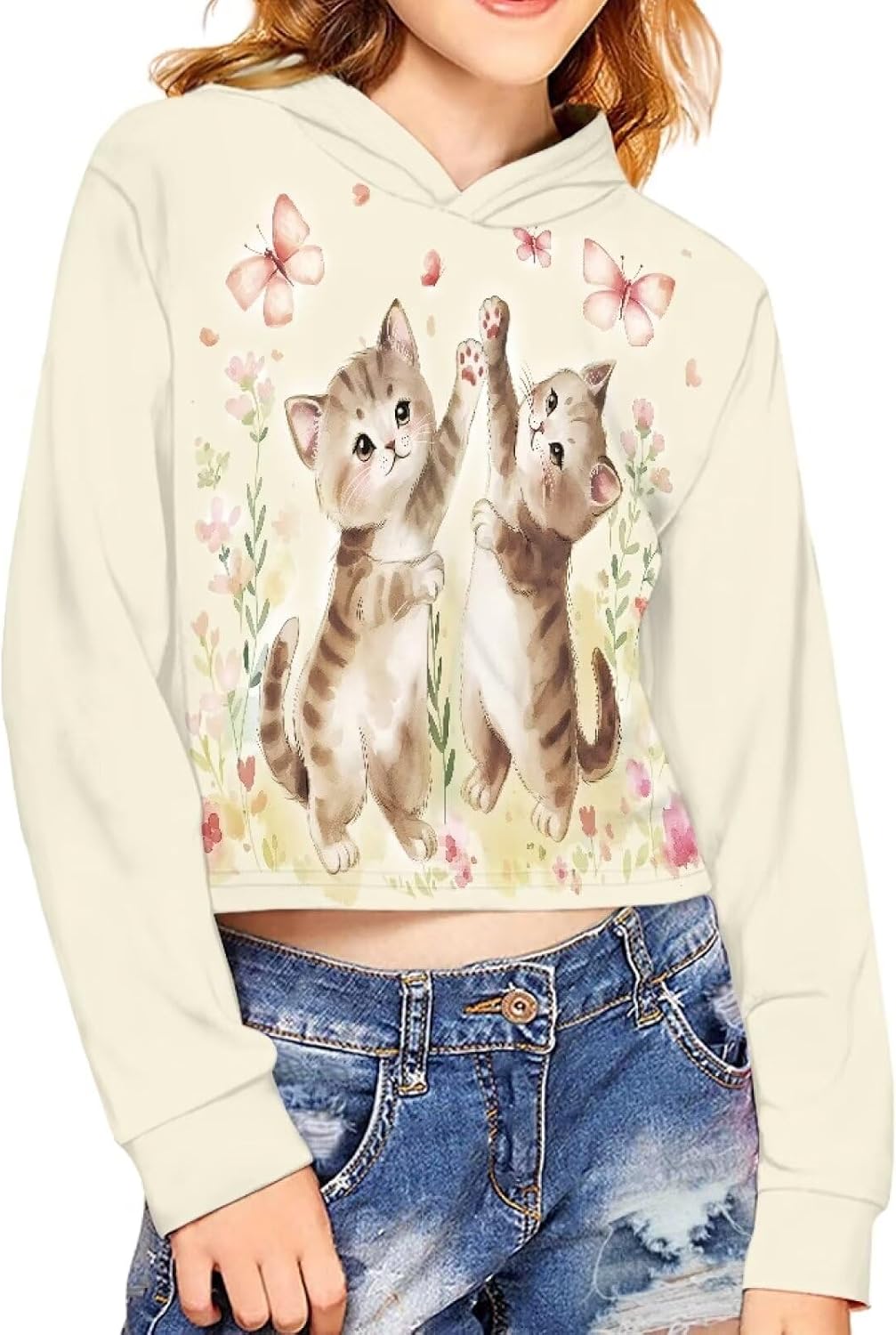 Biyejit Kids Crop Tops Girls Printed Long Sleeve Fashion Hoodies Pullover Sweatshirts Age 5-14 Years