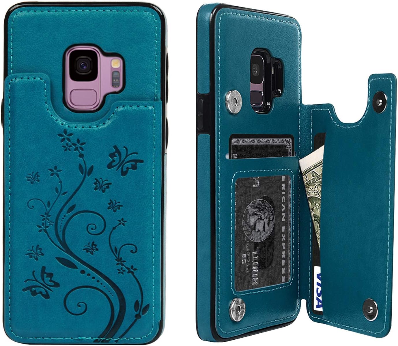 SUPWALL Compatible with Galalxy S9 Wallet Case with Card Holder, Premium PU Leather Kickstand Card Slots Case, Double Magnetic Clasp and Durable Shockproof Cover for Galalxy S9, Blue